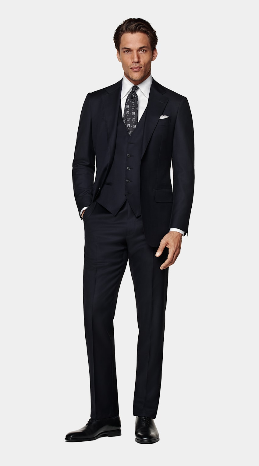 SUITSUPPLY All Season Pure S110's Wool by Vitale Barberis Canonico, Italy Navy Three-Piece Tailored Fit Havana Suit