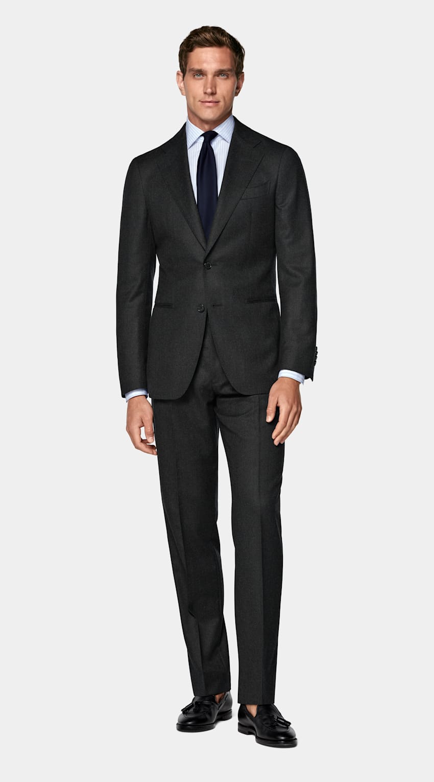 SUITSUPPLY Winter Pure S120's Wool Flannel by Vitale Barberis Canonico, Italy Dark Grey Tailored Fit Havana Suit