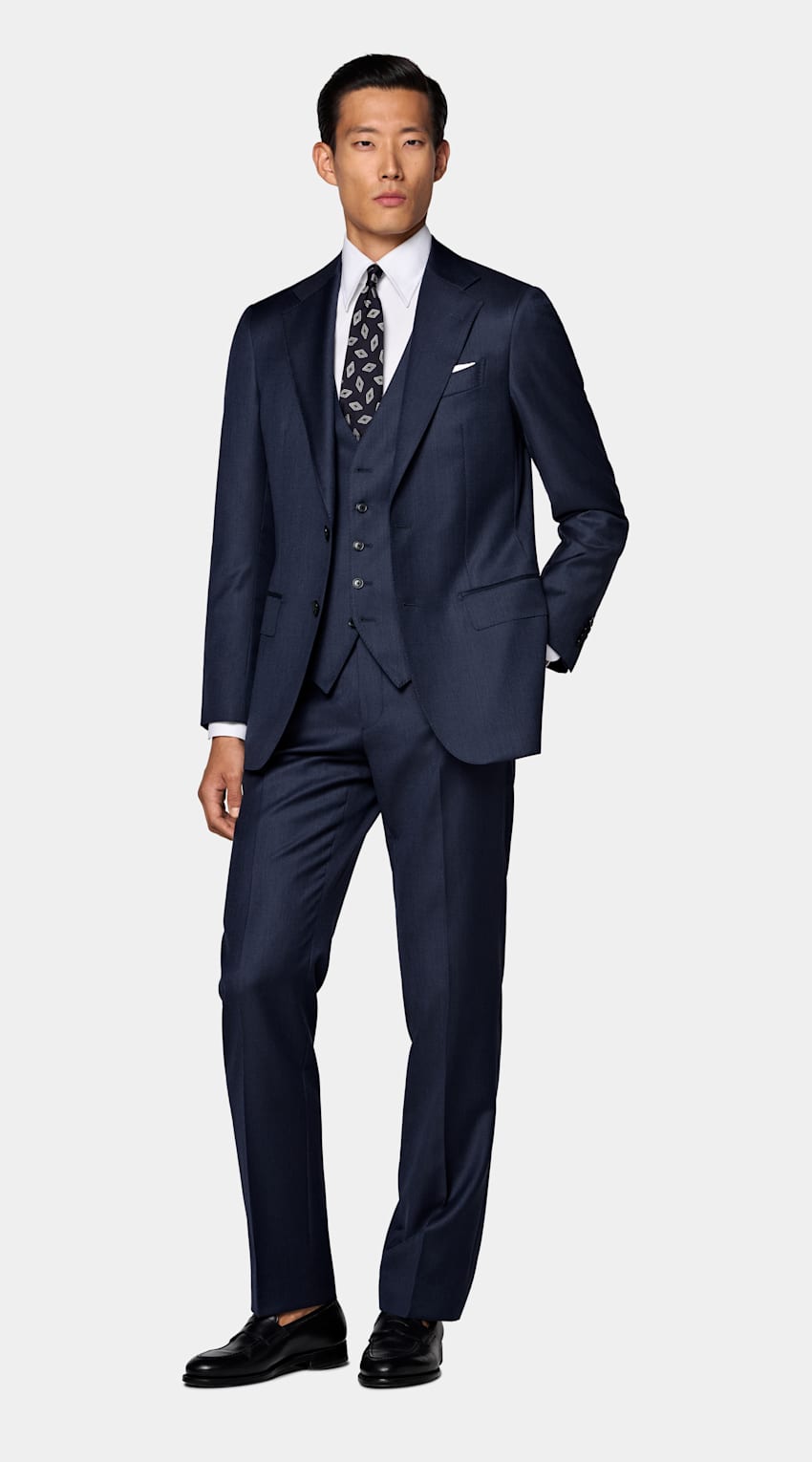 SUITSUPPLY All Season Pure S110's Wool by Vitale Barberis Canonico, Italy Mid Blue Three-Piece Tailored Fit Havana Suit