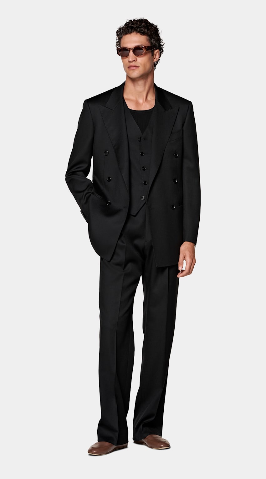 SUITSUPPLY All Season Wool Mohair by Vitale Barberis Canonico, Italy Black Three-Piece Relaxed Fit Roma Suit