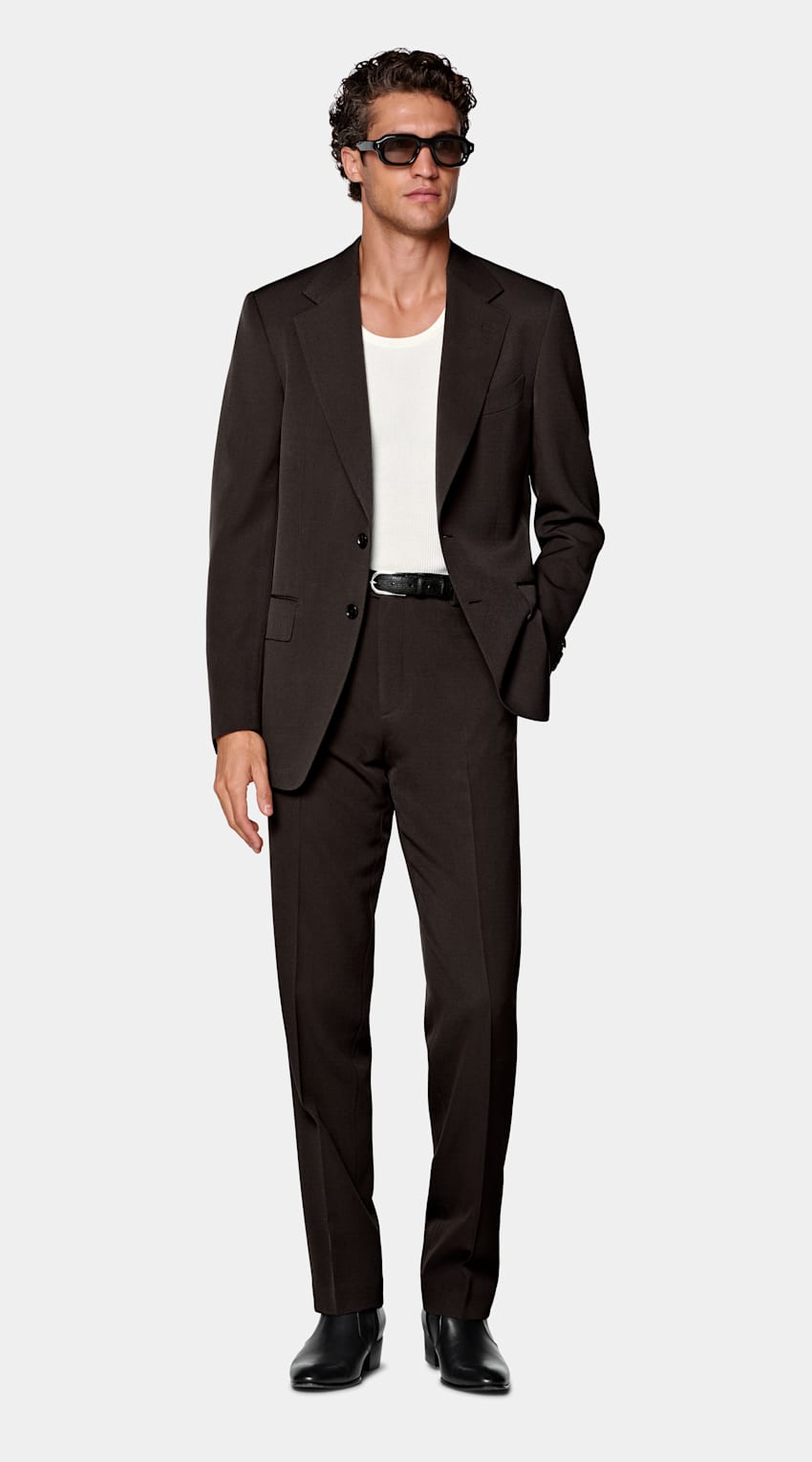 SUITSUPPLY All Season Wrinkle-Free 4-Ply Wool van Rogna, Itali&euml; Dark Brown Tailored Fit Milano Suit