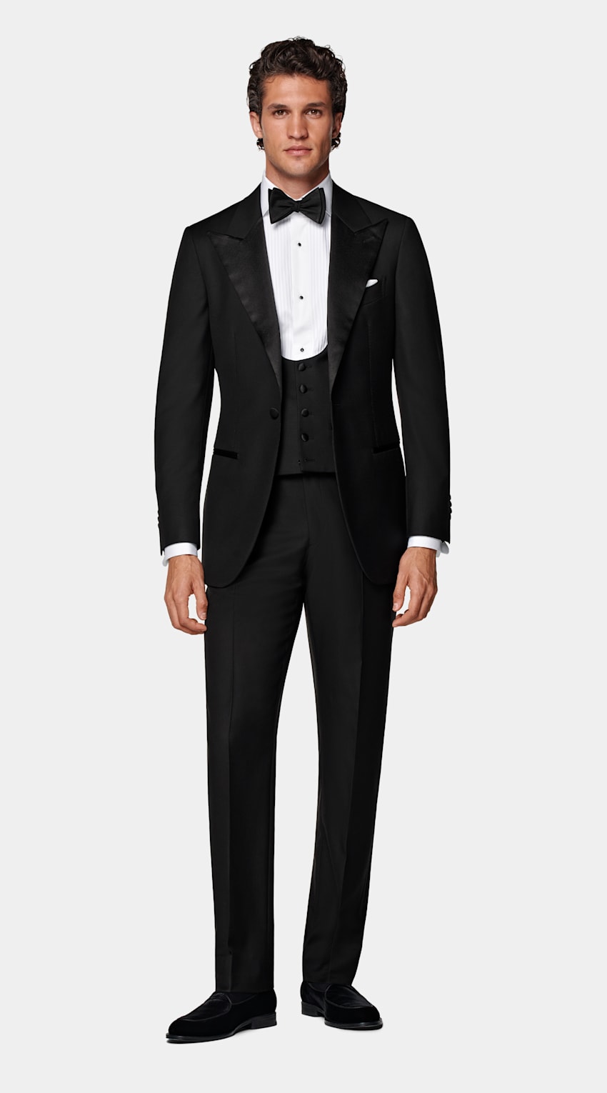 SUITSUPPLY All Season Pure S110's Wool by Vitale Barberis Canonico, Italy Black Three-Piece Tailored Fit Havana Tuxedo