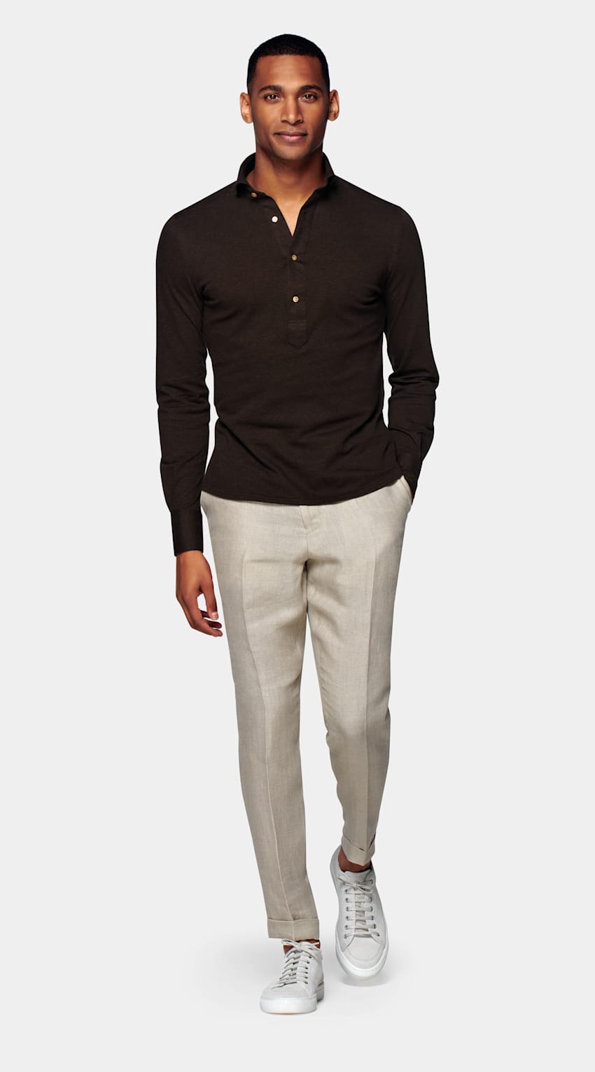 Brown Piqué Extra Slim Fit Popover | Knitted Egyptian Cotton ...