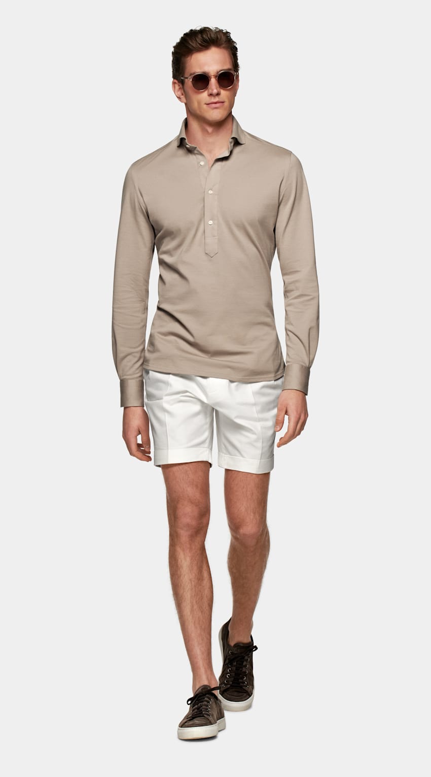 SUITSUPPLY Knitted Pure Cotton Light Brown Piqué Extra Slim Fit Popover