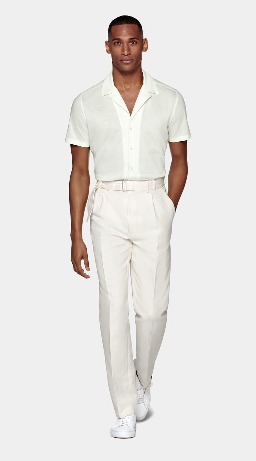 SUITSUPPLY Knitted Egyptian Cotton by Tessilmaglia, Italy Off-White Knitted Slim Fit Camp Shirt