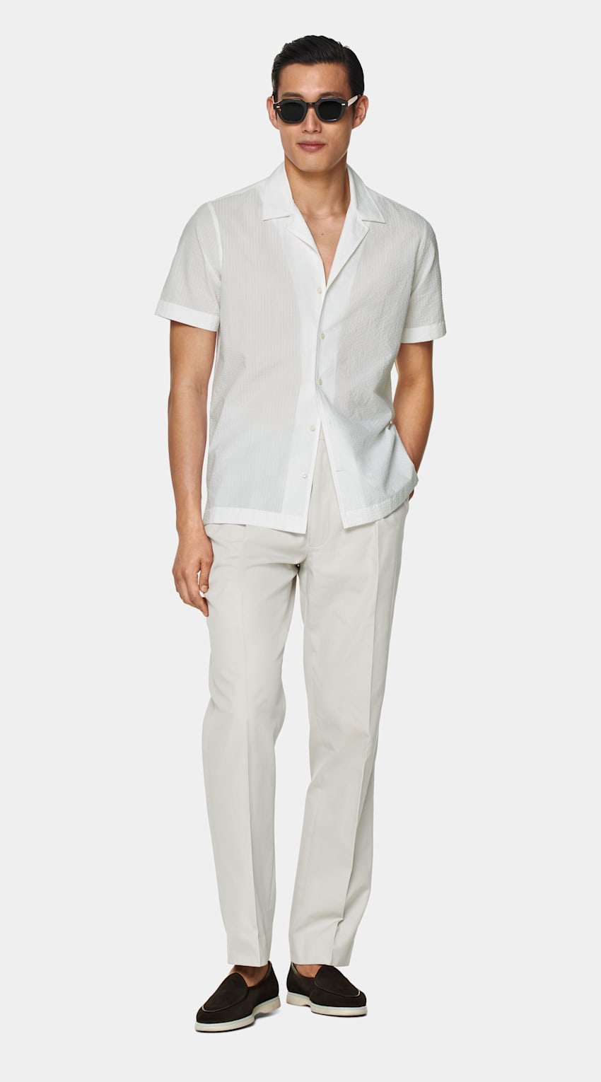SUITSUPPLY Egyptian Cotton Seersucker by Albini, Italy White Camp Collar Slim Fit Shirt
