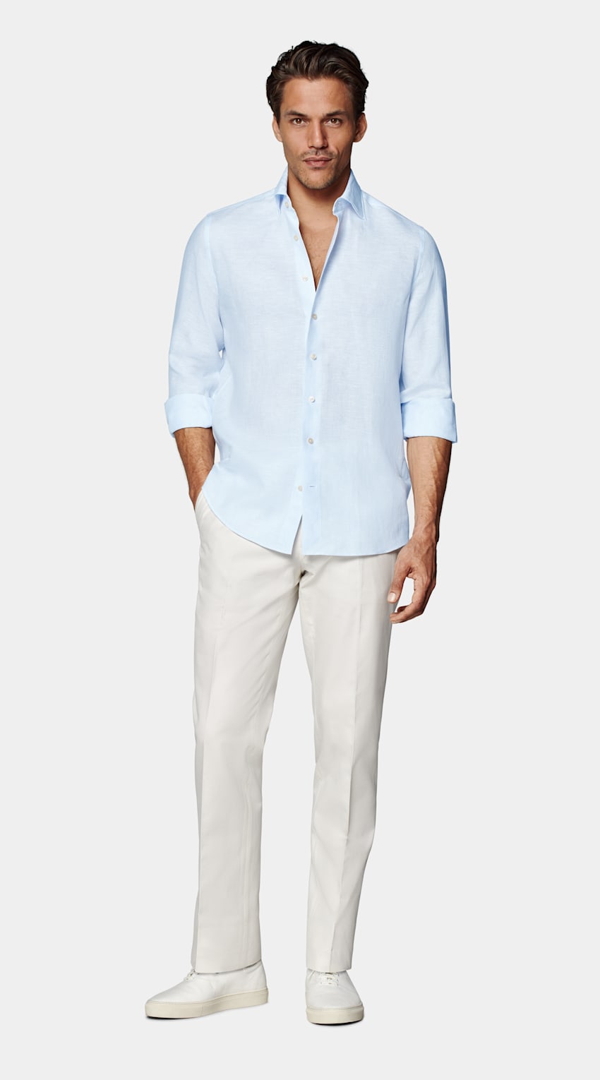 SUITSUPPLY Puro lino de Albini, Italia Camisa corte Slim azul claro