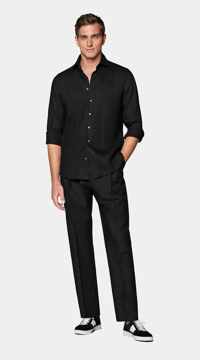 SUITSUPPLY Pure Linen by Albini, Italy Black Slim Fit Shirt