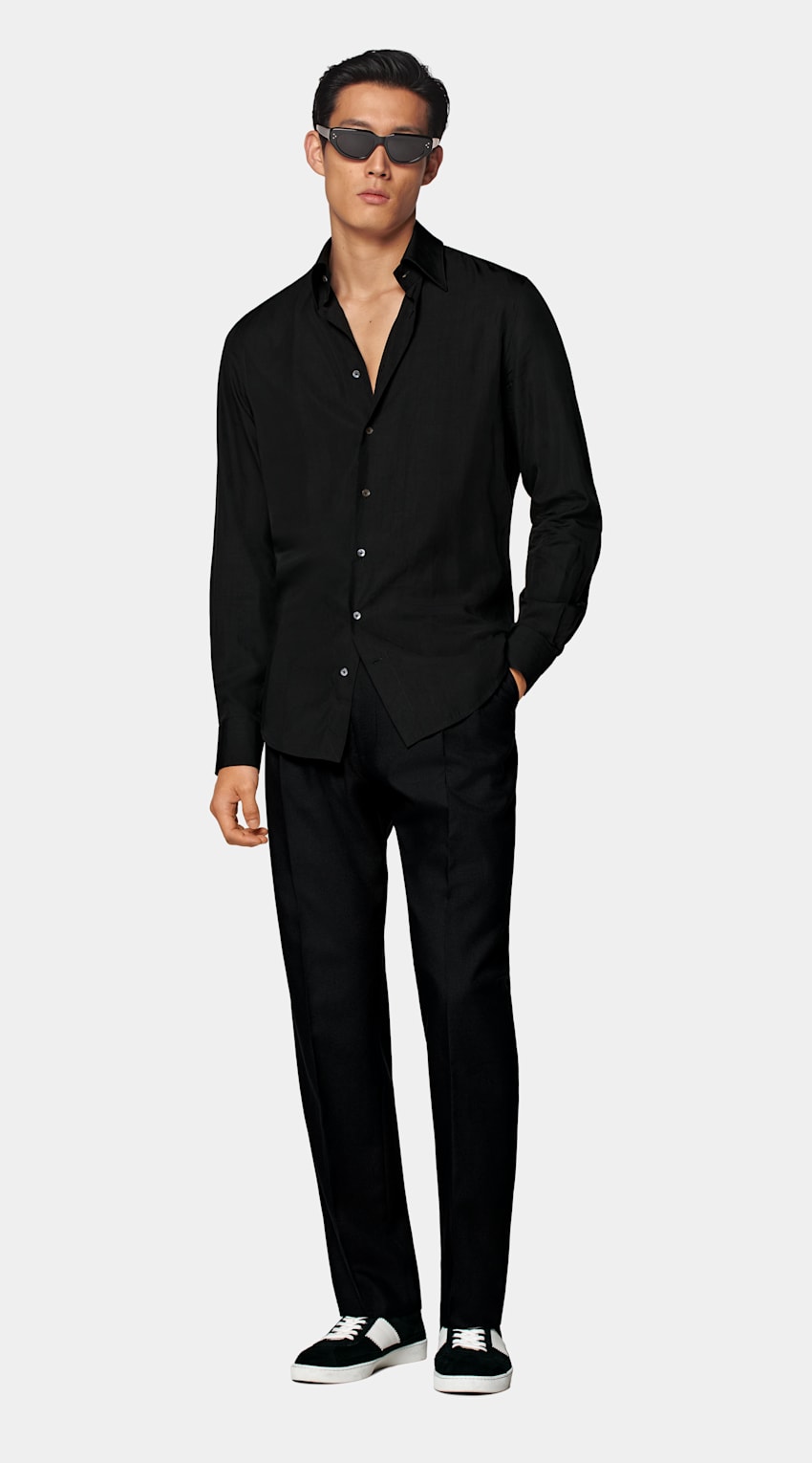 SUITSUPPLY Lyocell & Mulberry Silk by Albini, Italy Black Large Classic Collar Slim Fit Shirt