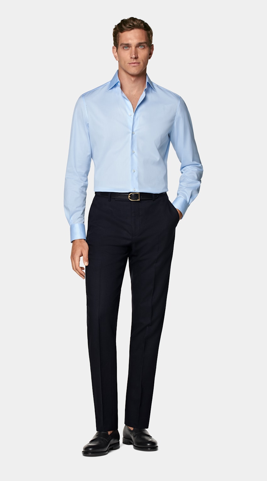 SUITSUPPLY Pima Cotton Traveller by Weba, Switzerland Light Blue Twill Tailored Fit Shirt