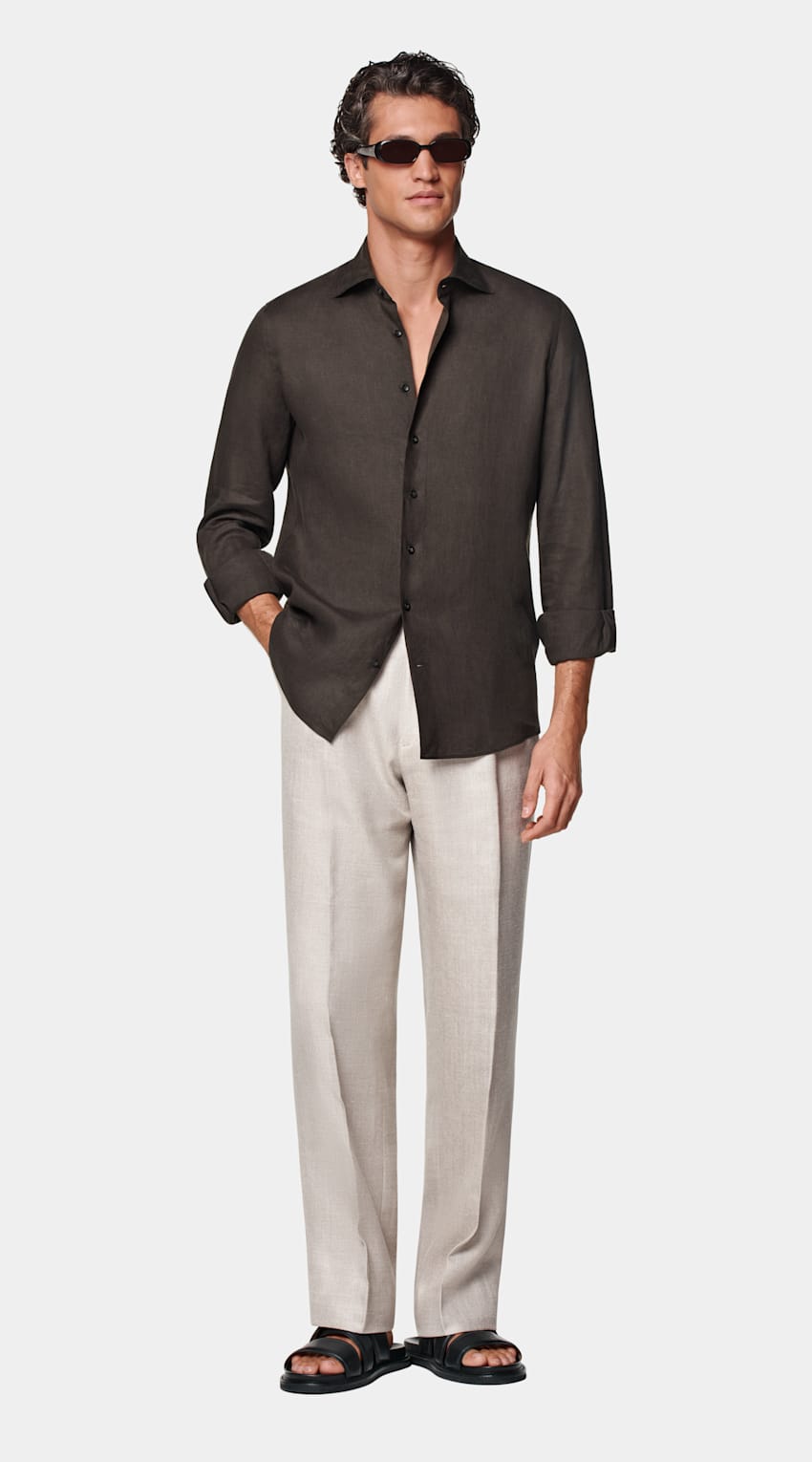 SUITSUPPLY Pure Linen by Albini, Italy Dark Brown Tailored Fit Shirt