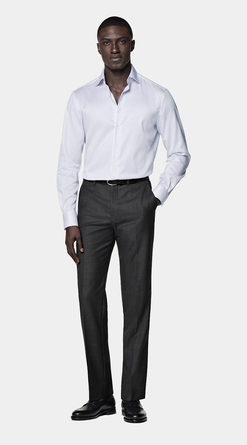 SUITSUPPLY Pima Cotton Traveller by Weba, Switzerland Navy Striped Twill Tailored Fit Shirt