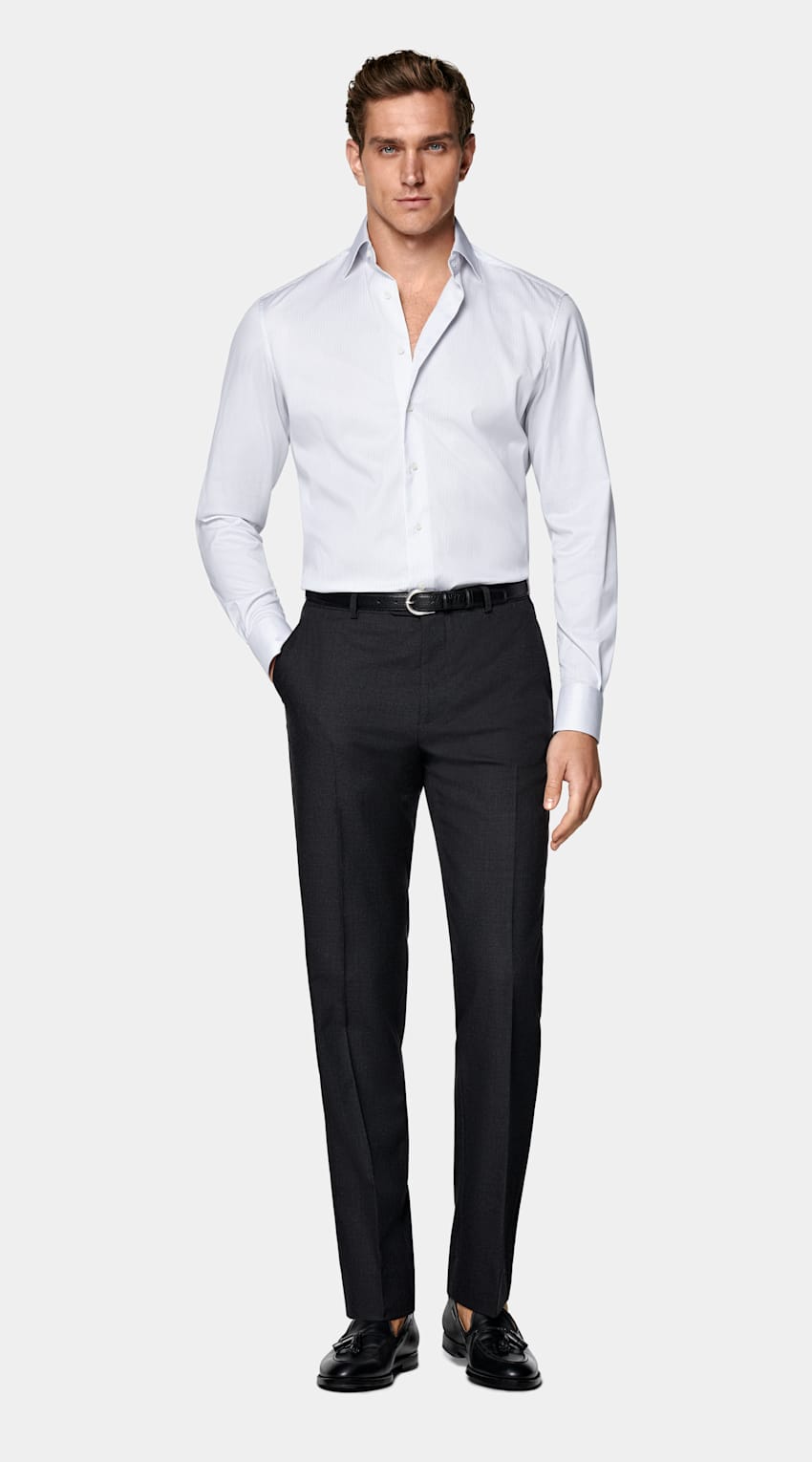 SUITSUPPLY Pima Cotton Traveller by Weba, Switzerland White Striped Twill Tailored Fit Shirt