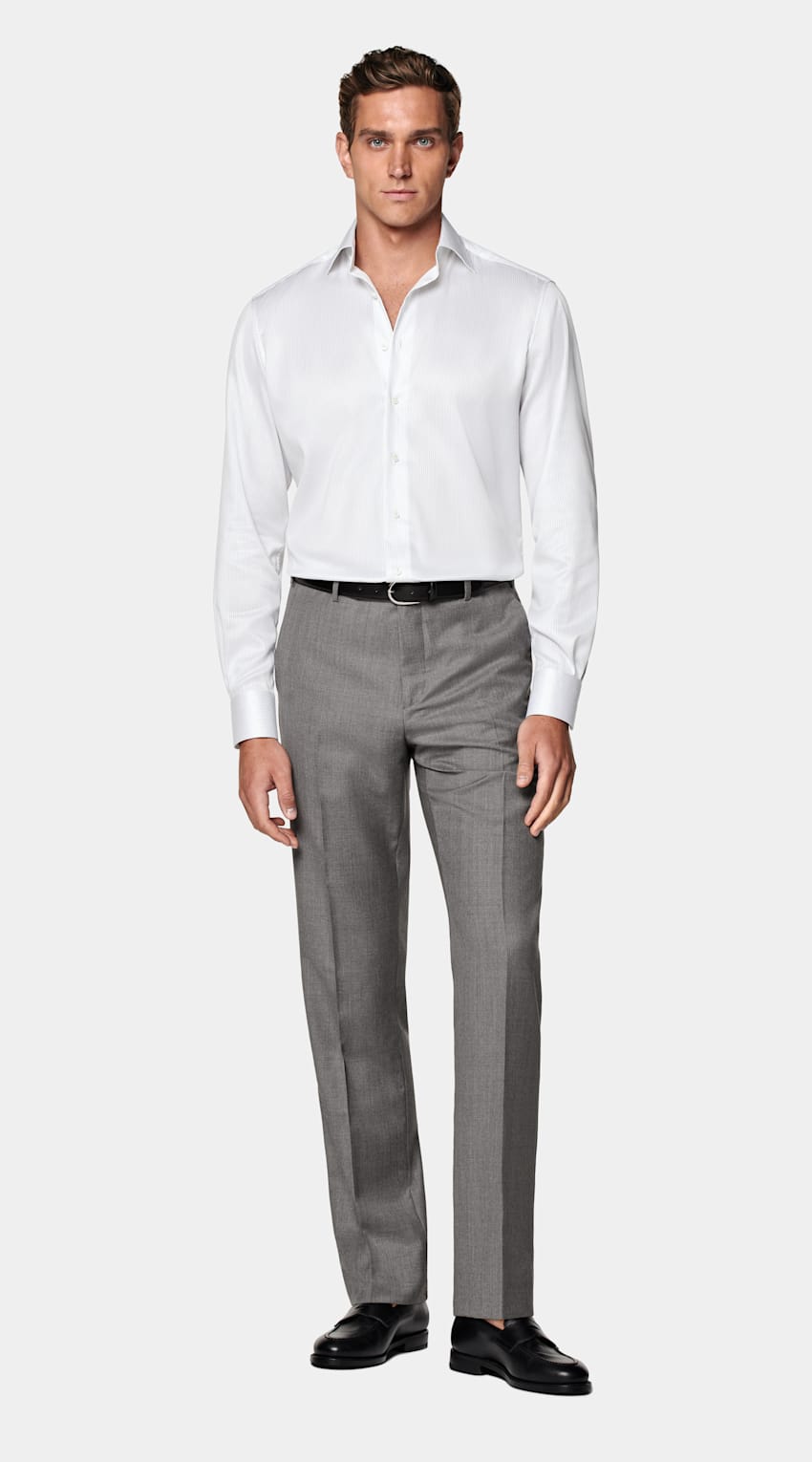 SUITSUPPLY Pima Cotton Traveller by Weba, Switzerland Grey Striped Twill Tailored Fit Shirt