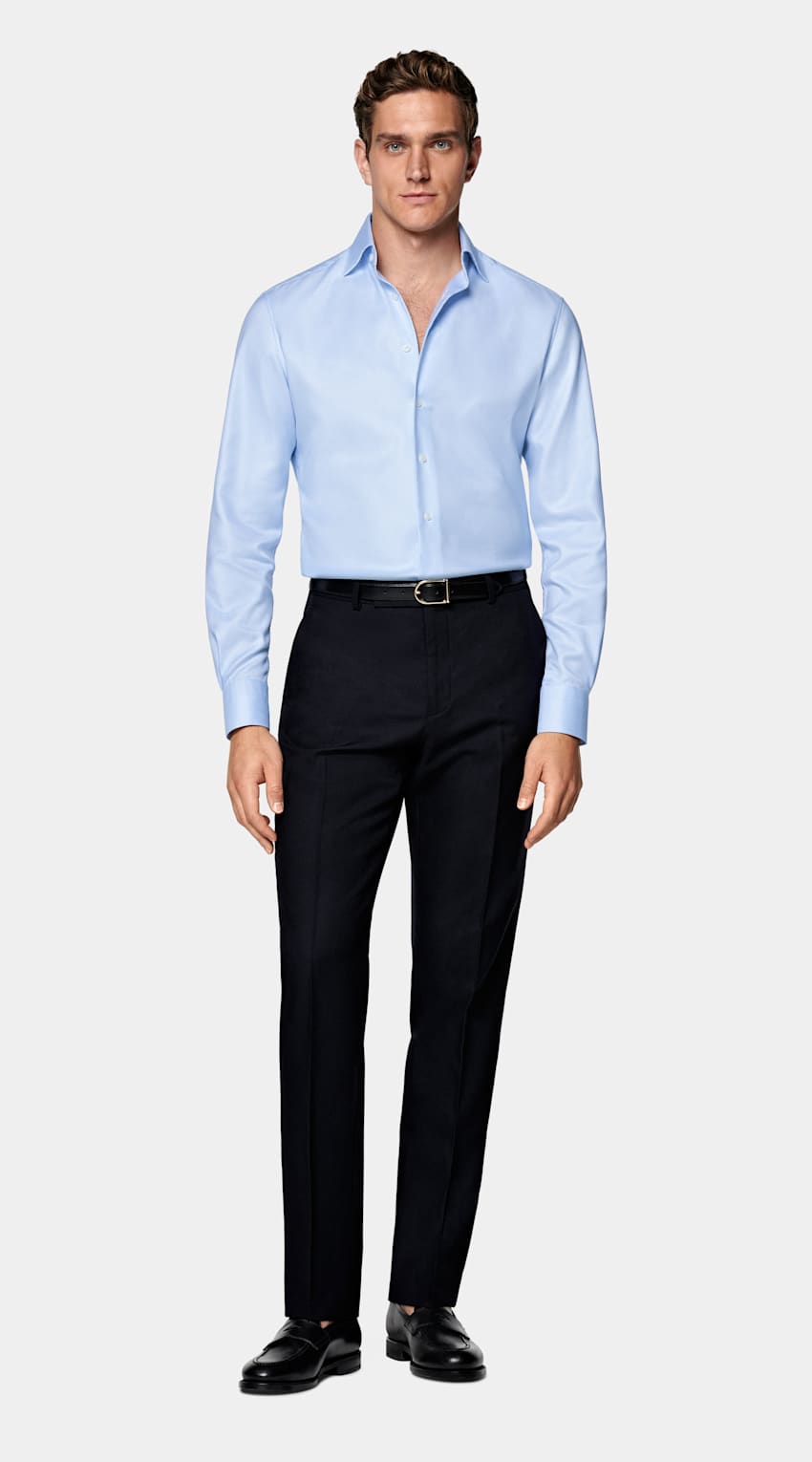 SUITSUPPLY Pima Cotton Traveller by Weba, Switzerland Light Blue Houndstooth Houndstooth Tailored Fit Shirt