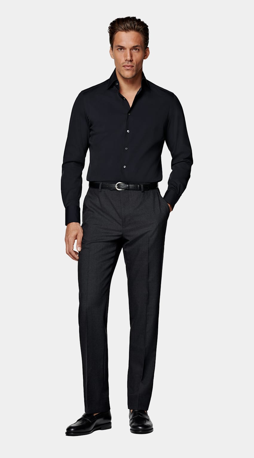 SUITSUPPLY Stretch Cotton Polyamide by Reggiani, Italy Navy Poplin Tailored Fit Shirt