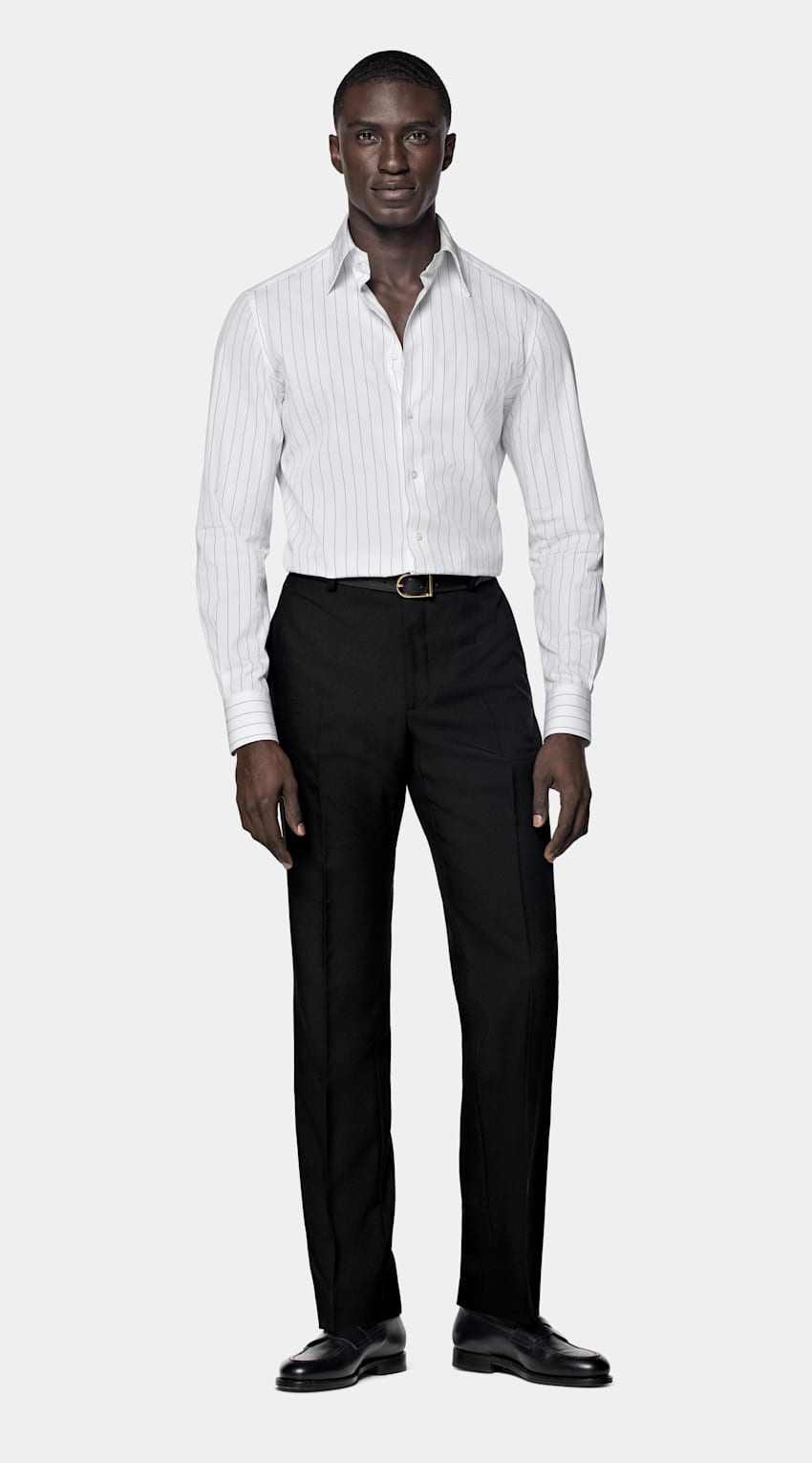 SUITSUPPLY Egyptian Cotton by Thomas Mason, Italy White Striped Point Collar Tailored Fit Shirt