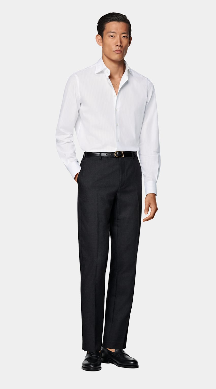 SUITSUPPLY Egyptian Cotton by Albini, Italy Light Grey Striped Poplin Tailored Fit Shirt