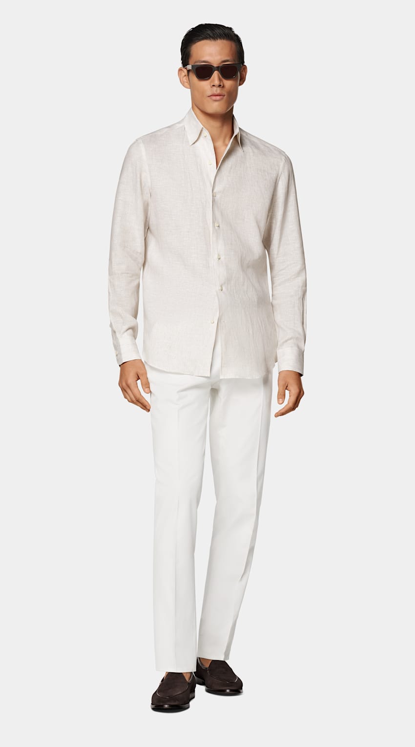 SUITSUPPLY Pure Linen by Albini, Italy Sand Striped Tailored Fit Shirt