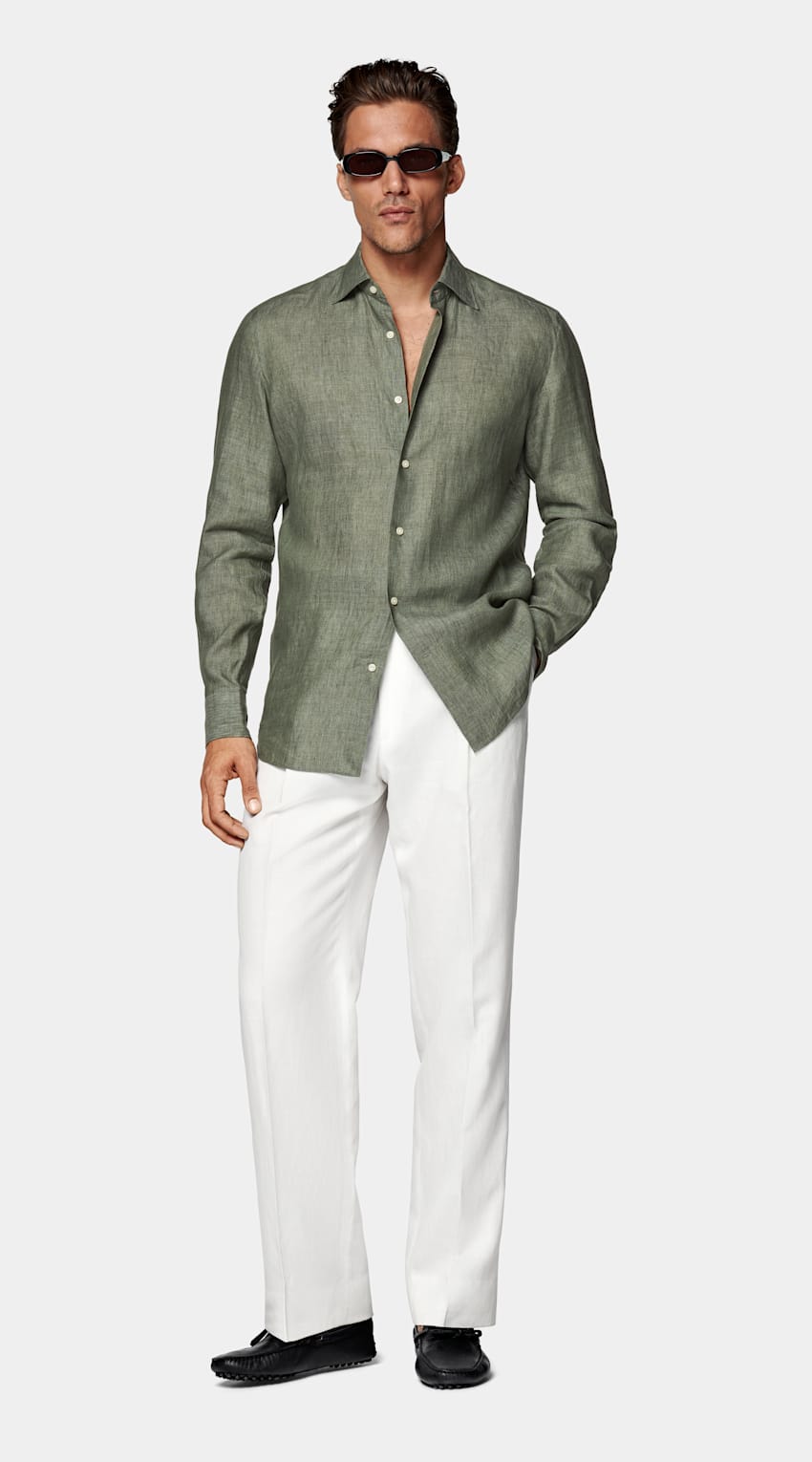 SUITSUPPLY Pure Linen by Albini, Italy Green Tailored Fit Shirt