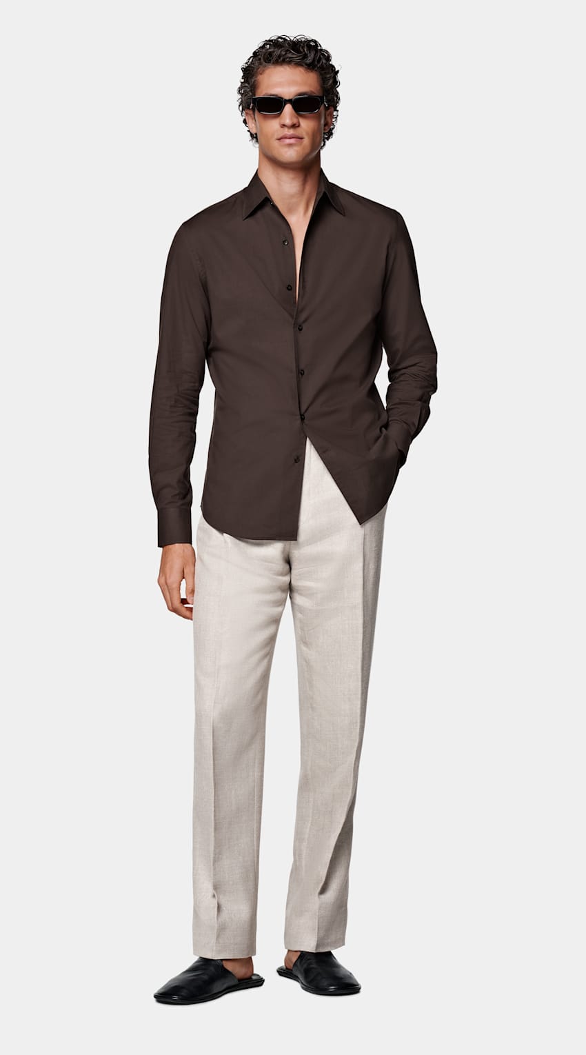 SUITSUPPLY Egyptian Cotton by Albini, Italy Brown Tailored Fit Shirt