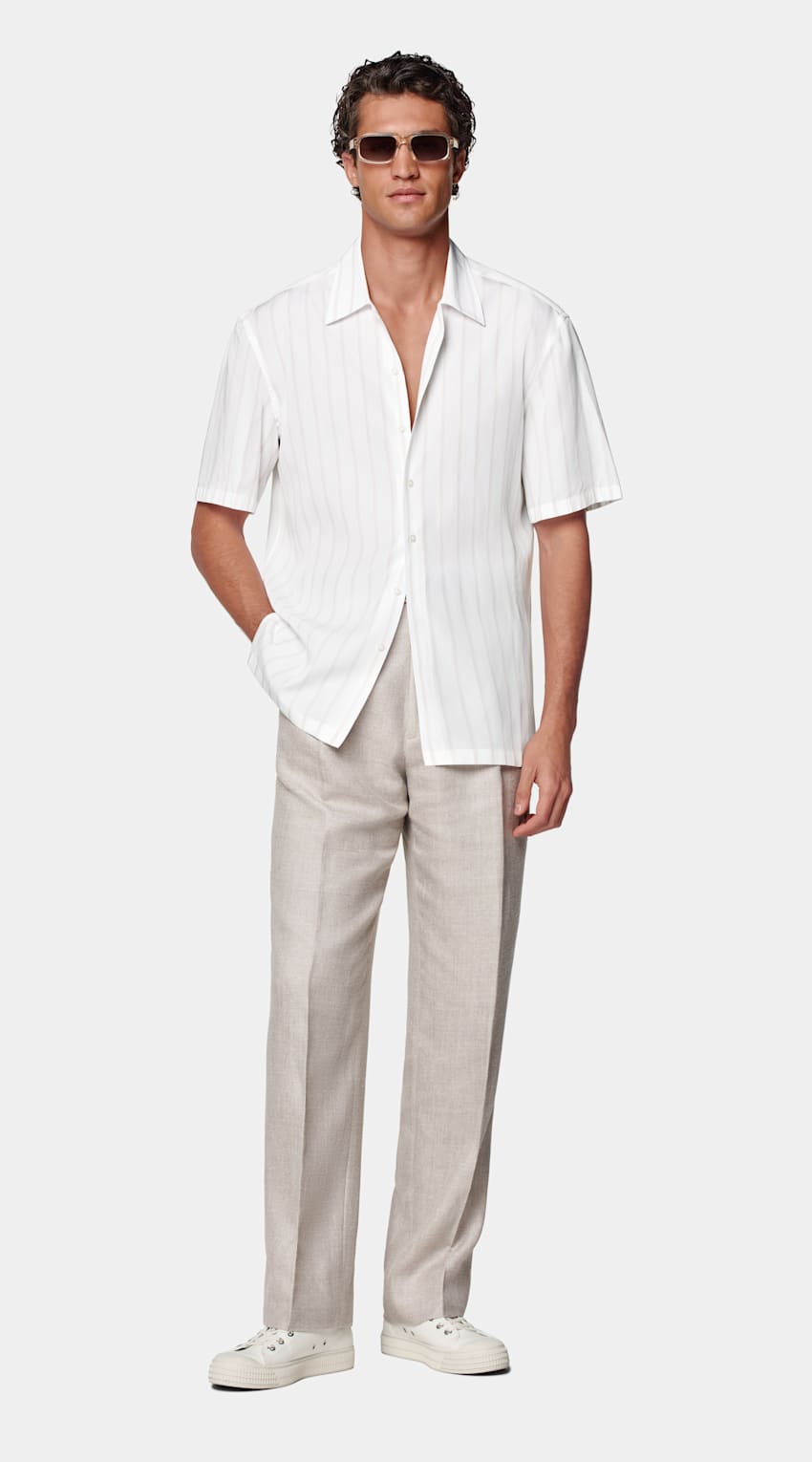 SUITSUPPLY Pure Lyocell by Albini, Italy White Striped Tailored Fit Short Sleeve Shirt