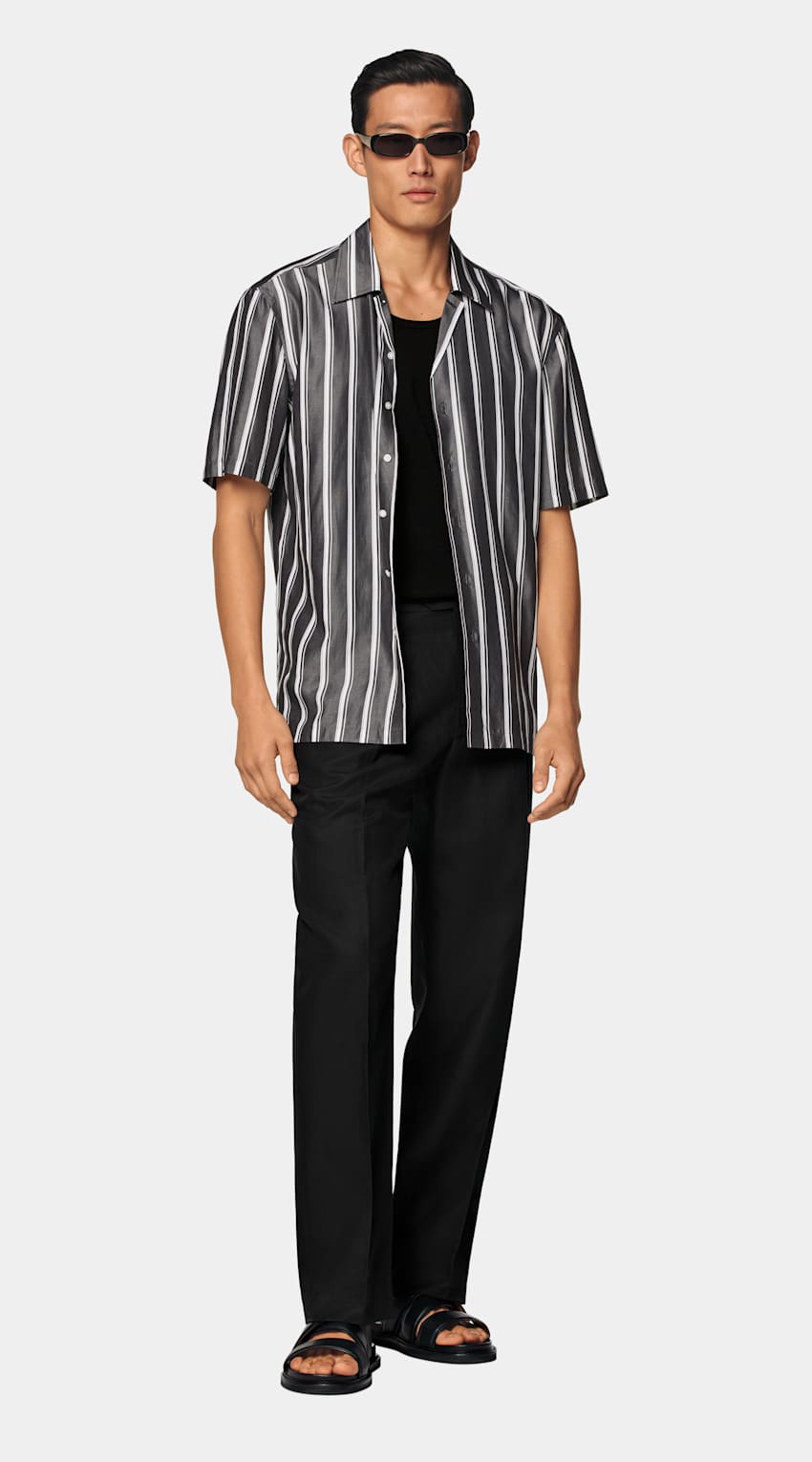 SUITSUPPLY Pure Lyocell by Albini, Italy Black Striped Tailored Fit Short Sleeve Shirt