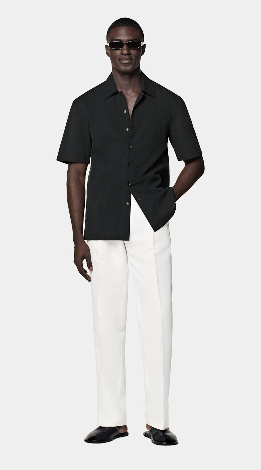 SUITSUPPLY Egyptian Cotton by Testa 1919 Srl, Italy Black Tailored Fit Short Sleeve Shirt