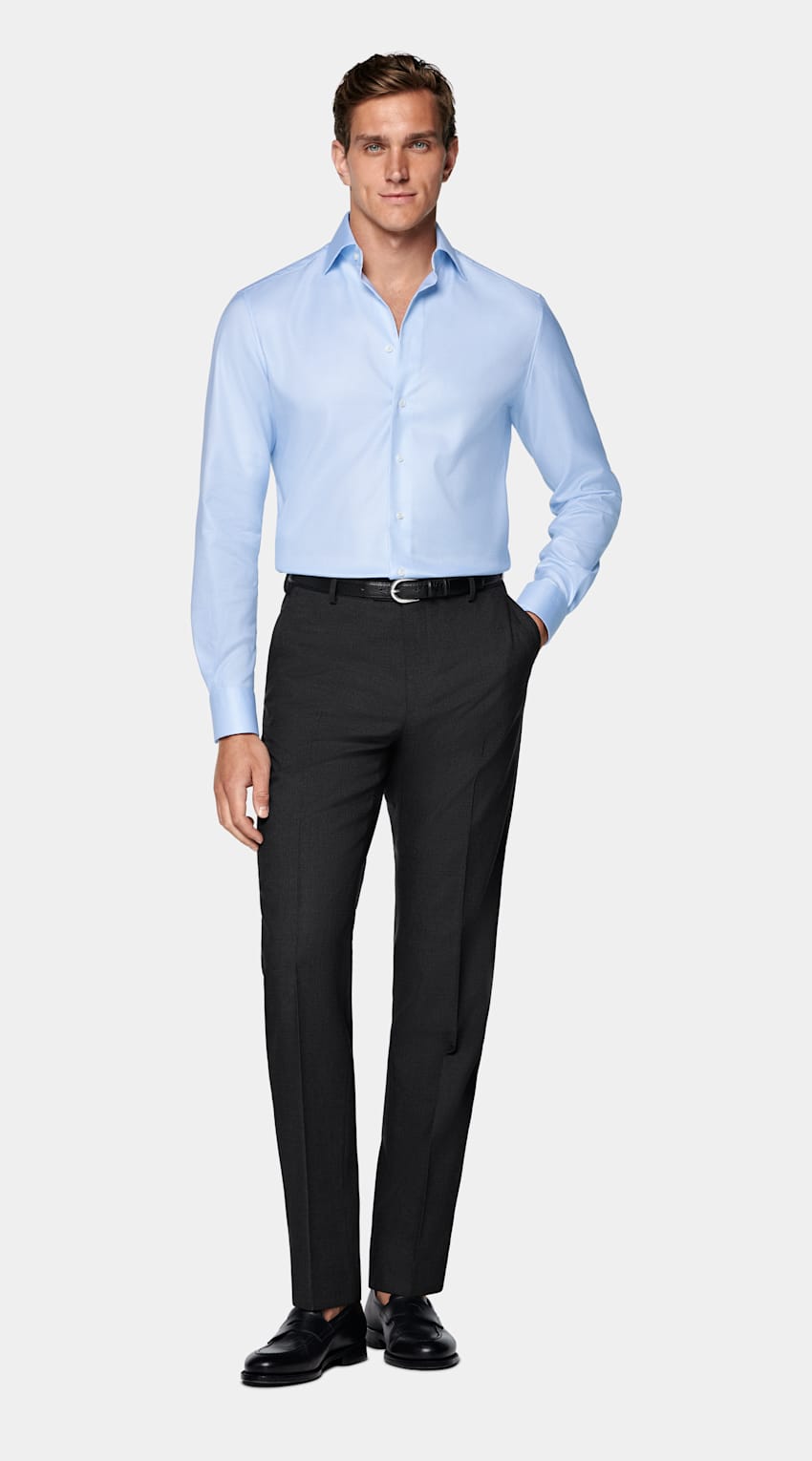SUITSUPPLY Wrinkle-Free Pima Cotton by Weba, Switzerland Light Blue Houndstooth Tailored Fit Shirt