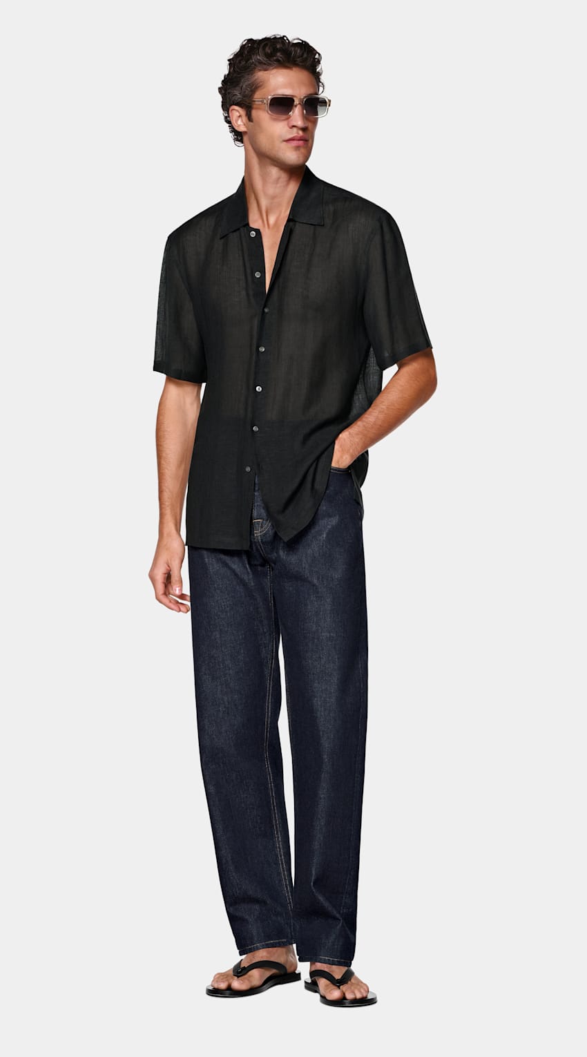 SUITSUPPLY 意大利 Emmetex 生产的原木天丝亚麻面料 黑色粘胶亚麻短袖衬衫