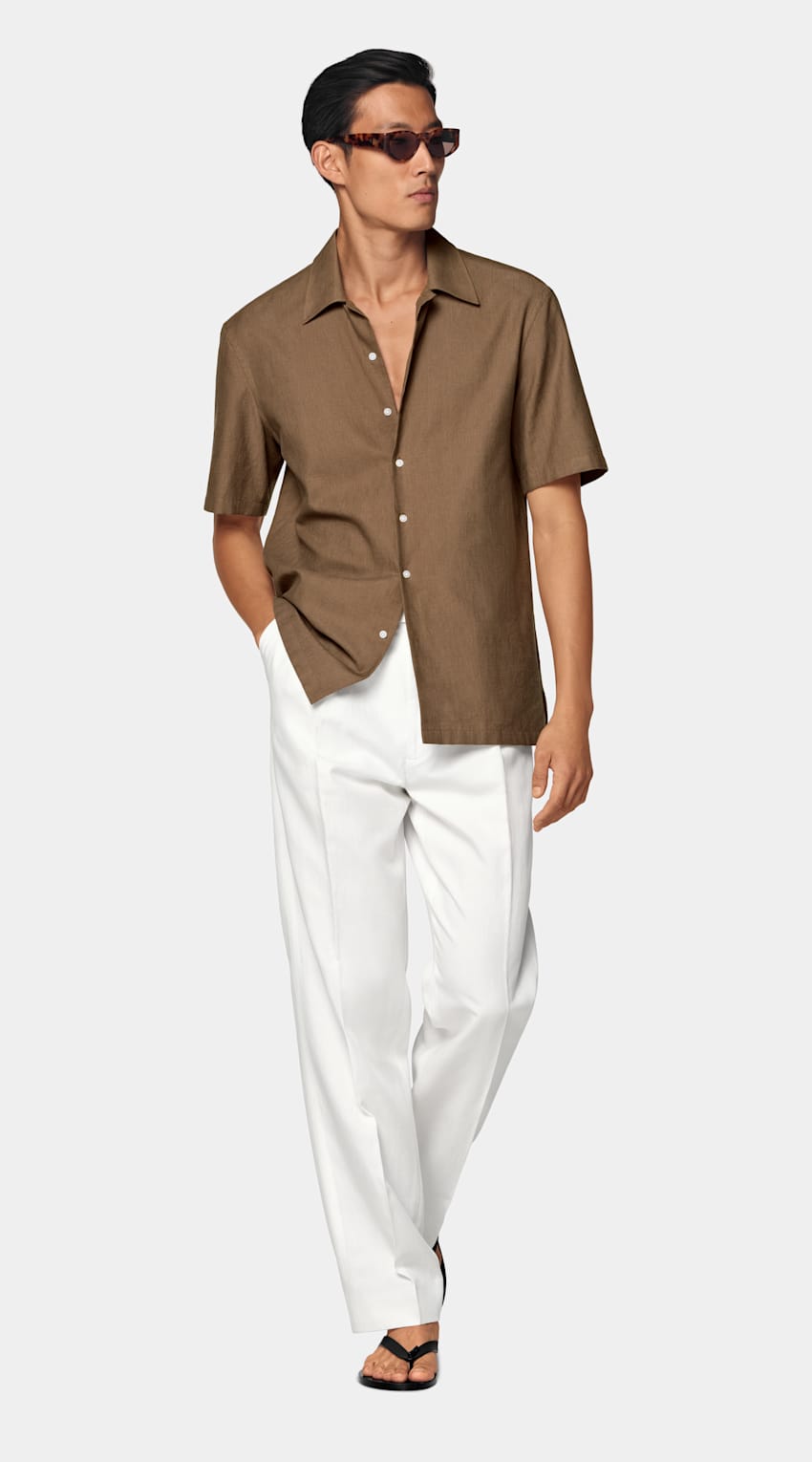 SUITSUPPLY Pure Cotton - Sidogras, Espagne Mid Brown Cotton Short Sleeve Shirt