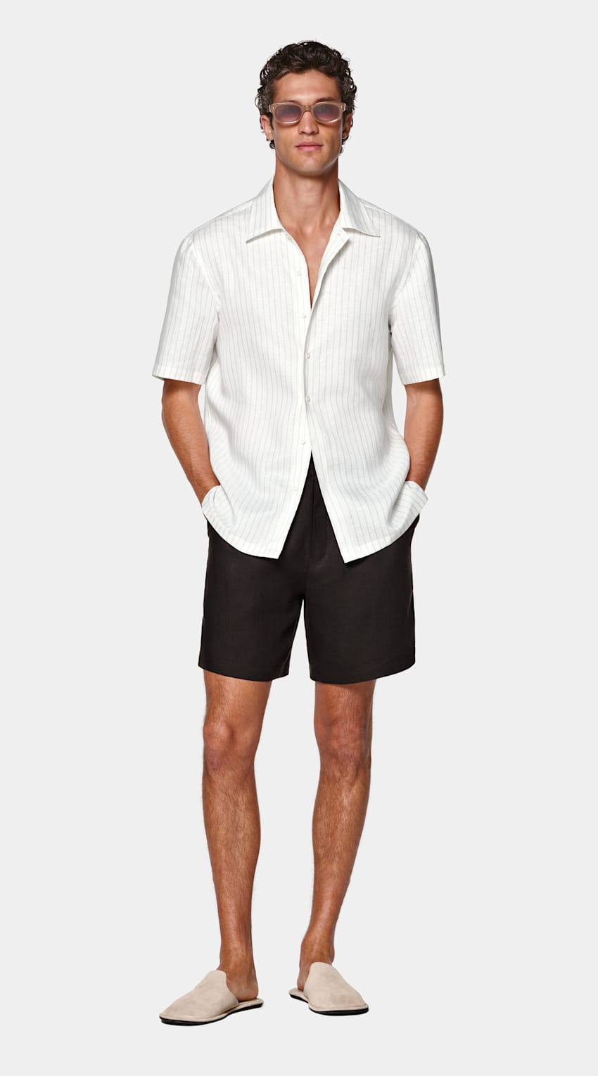 SUITSUPPLY Linen Lyocell - Testa 1919 Srl, Italie Light Grey Striped Linen Lyocell Short Sleeve Shirt