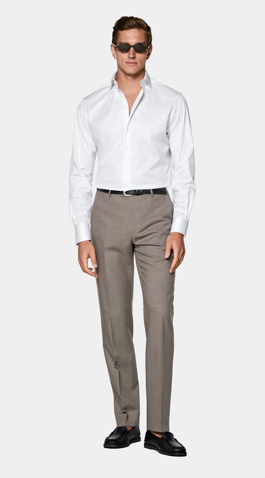 SUITSUPPLY Knitterfreie Pima-Baumwolle von Weba, Schweiz Hellgraues gestreiftes Hemd mit weit verbreitetem Kragen