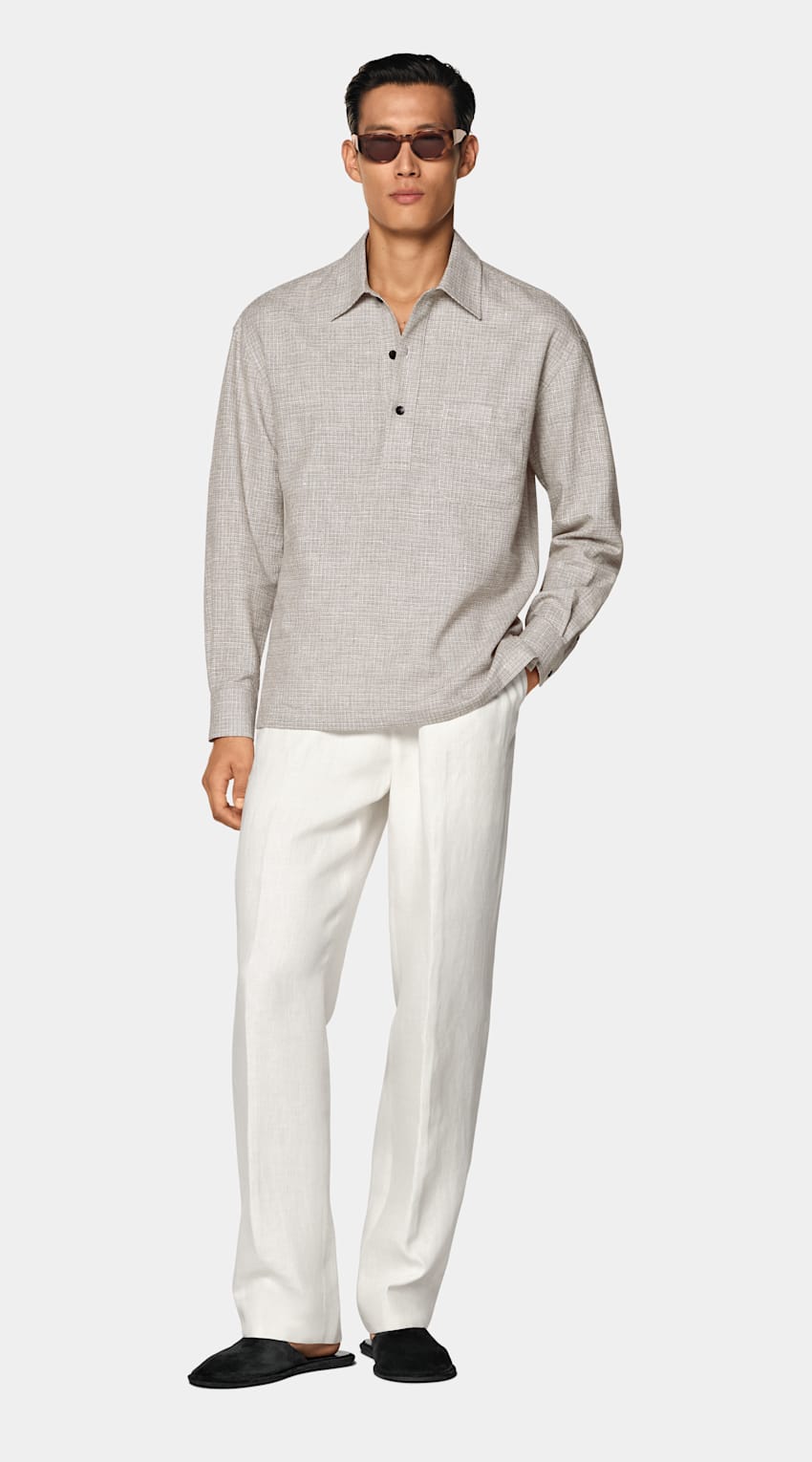 SUITSUPPLY Linen Cotton Blend by Ferla, Italy Mid Brown Checked Linen Cotton Blend Popover Shirt