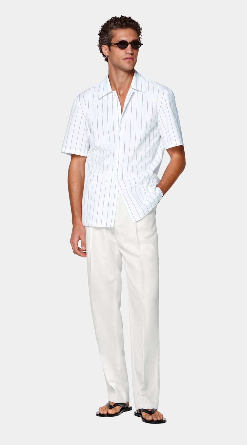 SUITSUPPLY Pure Cotton by Alfatex, Italy Mid Blue Striped Cotton Short Sleeve Shirt