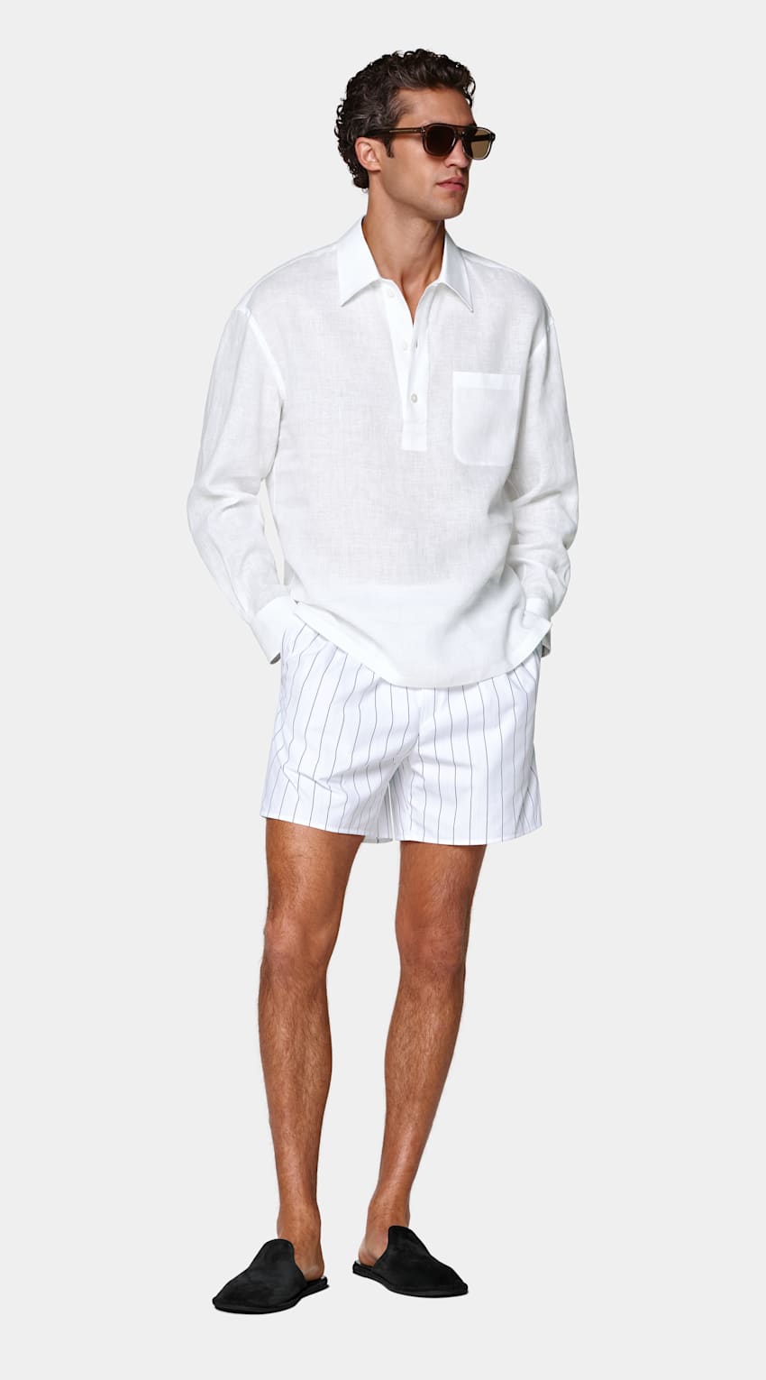 SUITSUPPLY 英国 Baird McNutt 生产的纯亚麻面料 白色亚麻套头衬衫 (Popover Shirt)