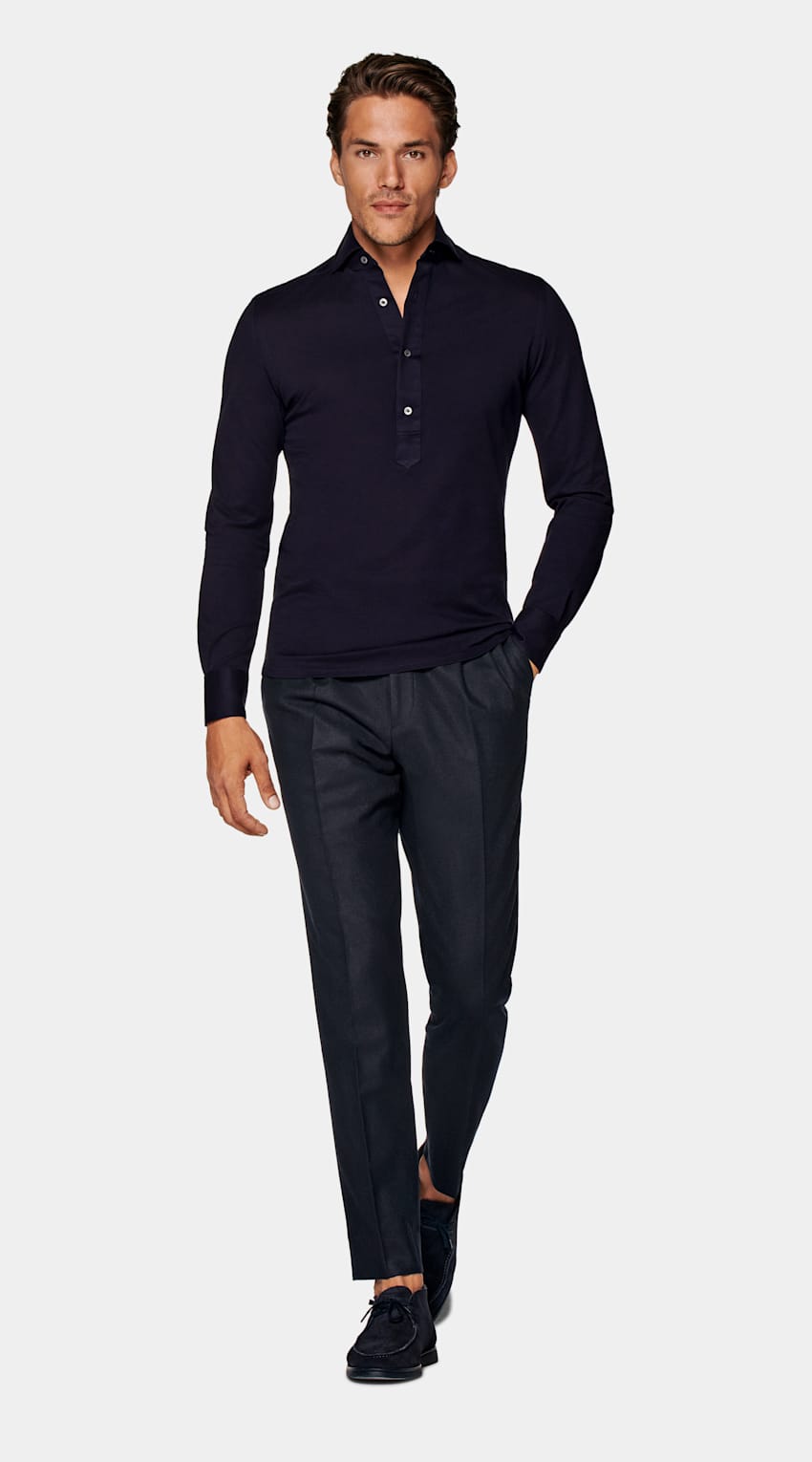SUITSUPPLY Knitted Pure Cotton Navy Piqué Extra Slim Fit Popover