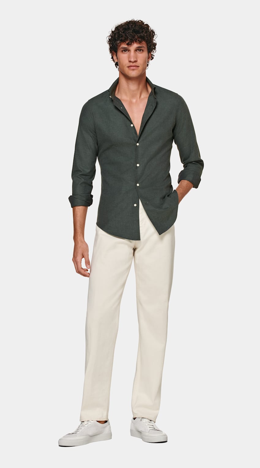 SUITSUPPLY Franela de algodón egipcio de Thomas Mason, Italia Camisa de sarga corte Slim verde
