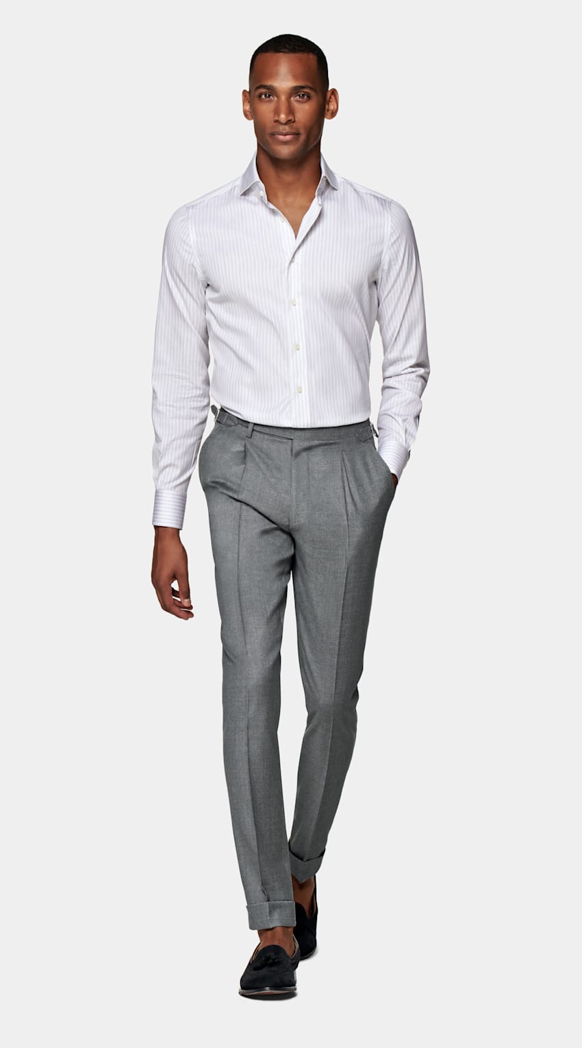 SUITSUPPLY Algodón y Tencel de Albini, Italia Camisa de sarga corte Extra Slim gris claro a rayas