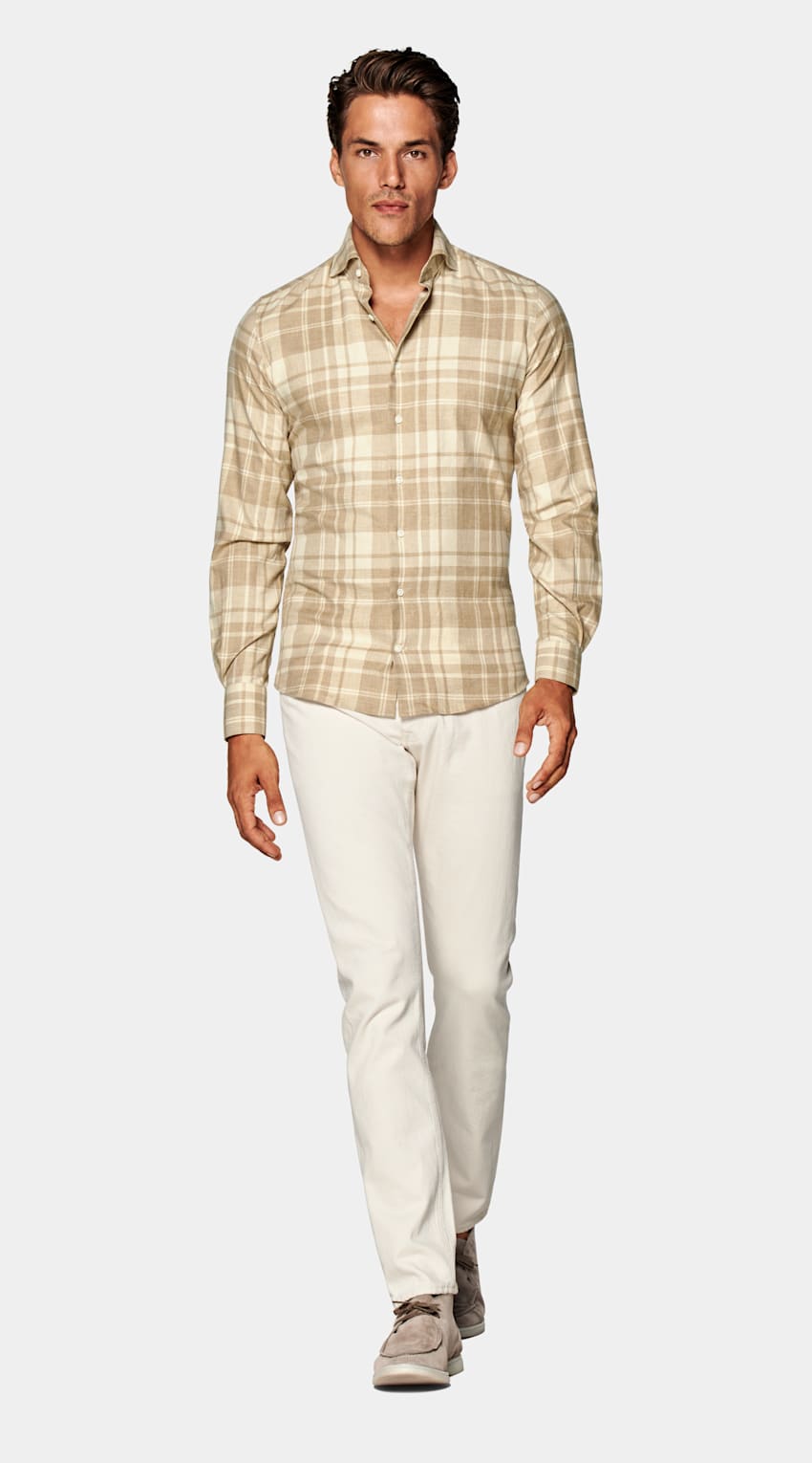Light Brown Checked Twill Slim Fit Shirt