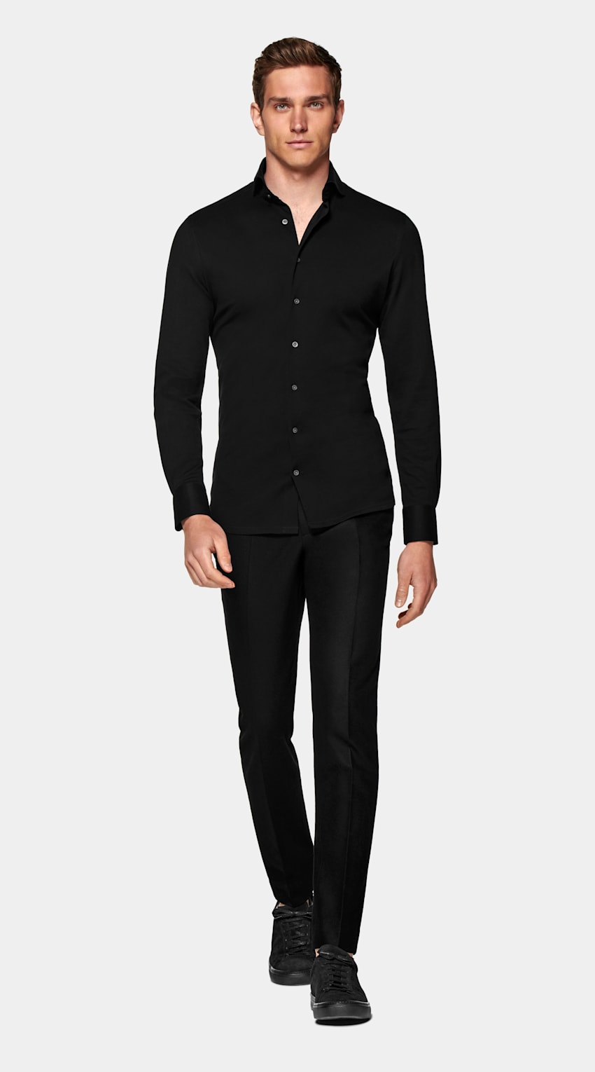 SUITSUPPLY Pure Cotton Knitted Black Piqué Extra Slim Fit Shirt