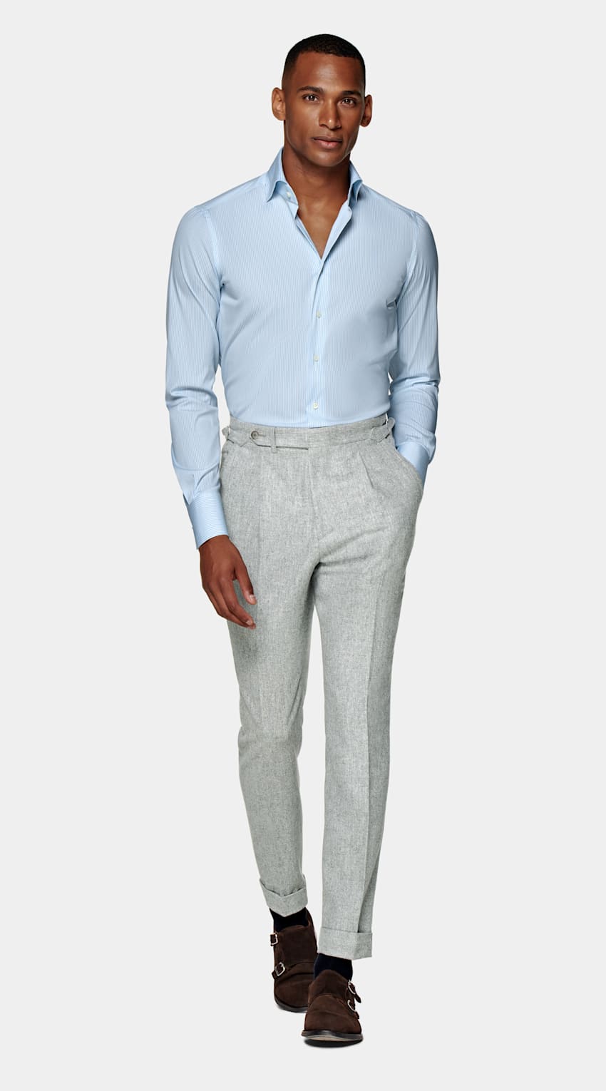 SUITSUPPLY Stretch Cotton Polyamide by Reggiani, Italy Light Blue Striped Extra Slim Fit Shirt