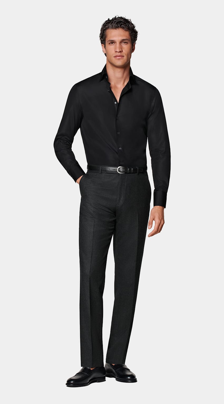 SUITSUPPLY Egyptian Cotton by Testa Spa, Italy Black Poplin Tailored Fit Shirt