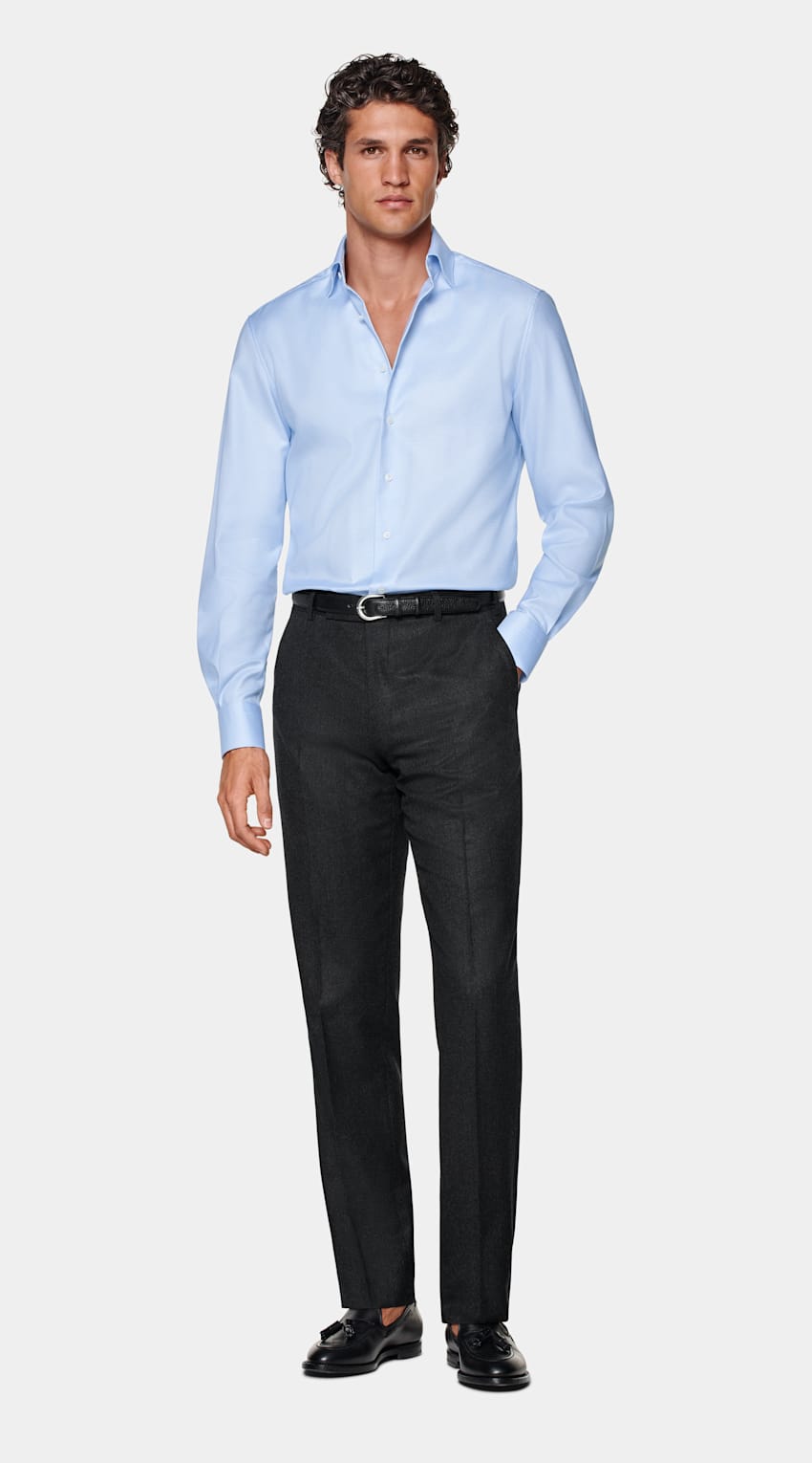 SUITSUPPLY Cotone Traveller Pima - Weba, Svizzera Camicia azzurra pied-de-poule tailored fit