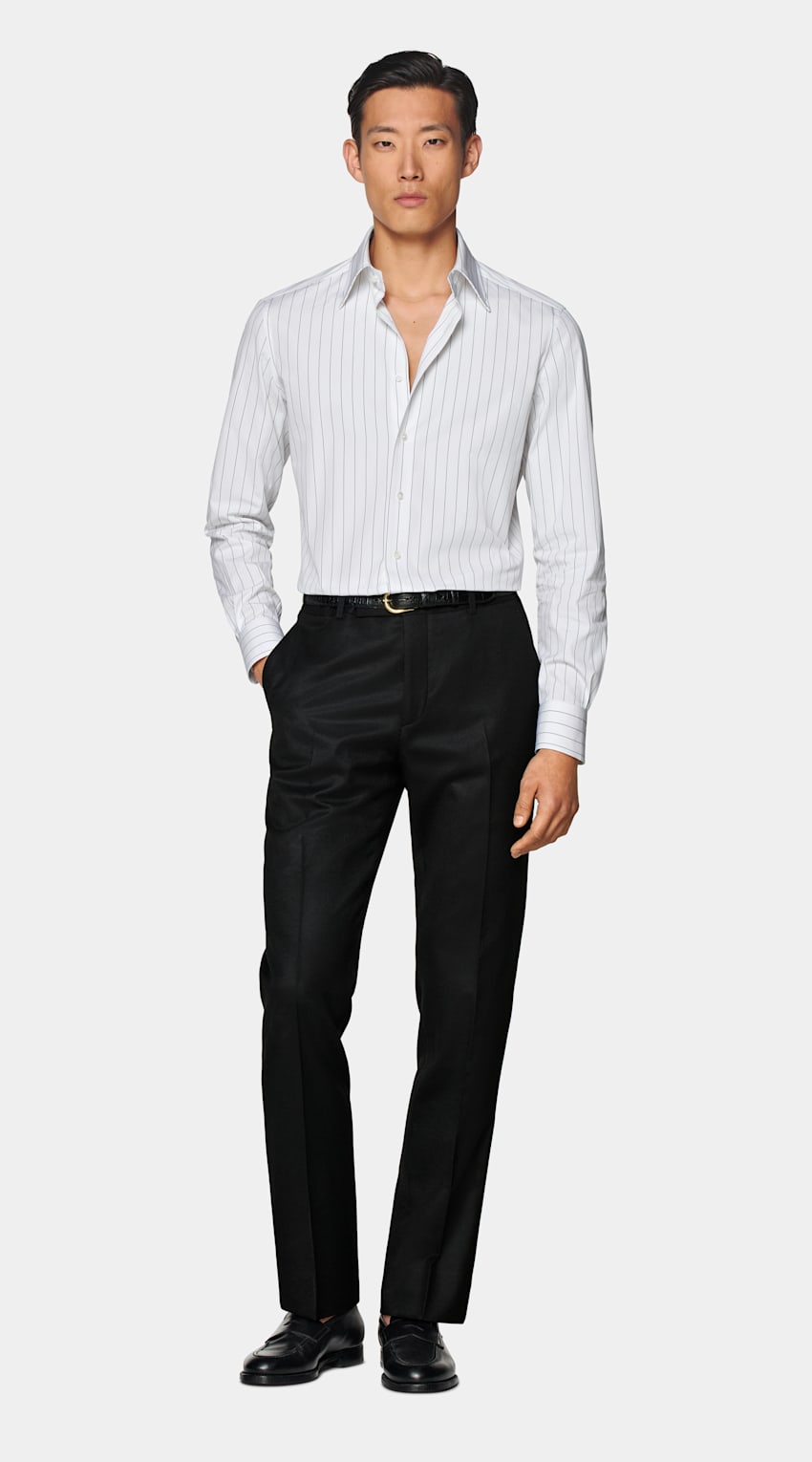 SUITSUPPLY Egyptian Cotton by Thomas Mason, Italy White Striped Point Collar Tailored Fit Shirt