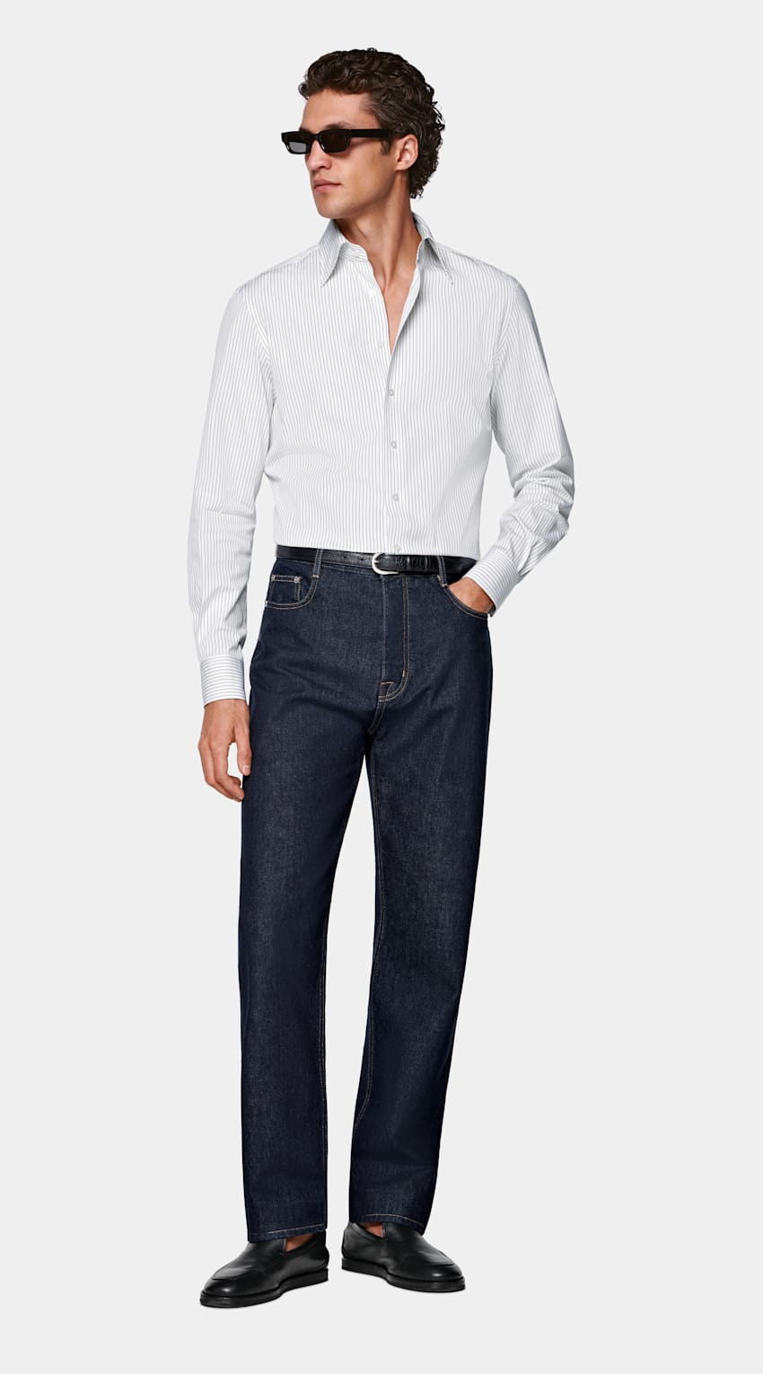 SUITSUPPLY Algodón egipcio de Thomas Mason, Italia Camisa blanca a rayas con cuello en punta