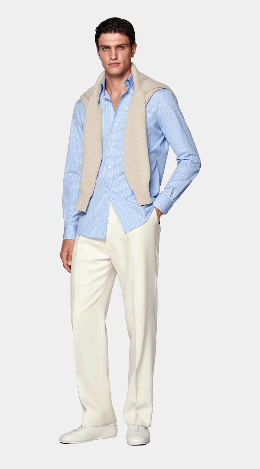 SUITSUPPLY Egyptian Cotton by Thomas Mason, Italy Blue Striped Point Collar Shirt