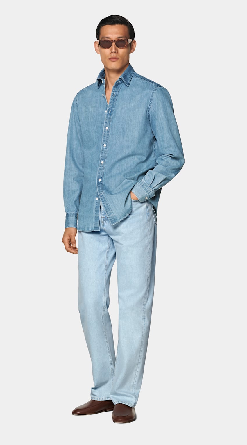 SUITSUPPLY Denim de algodón egipcio de Canclini, Italia Camisa denim azul medio