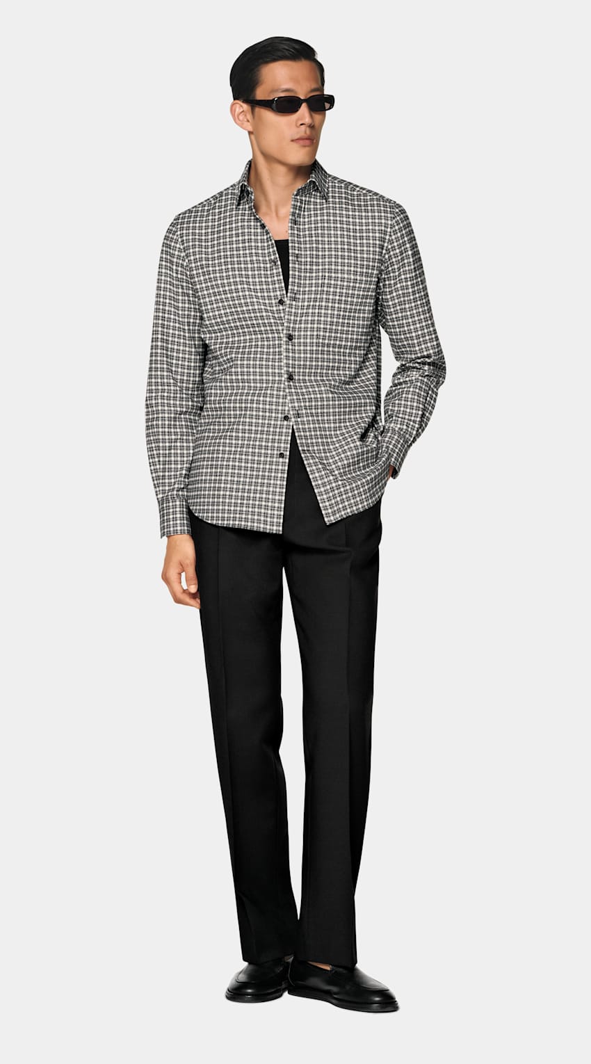 SUITSUPPLY Egyptian Cotton Flannel by Albiate, Italy Black Checked Cotton Flannel Shirt