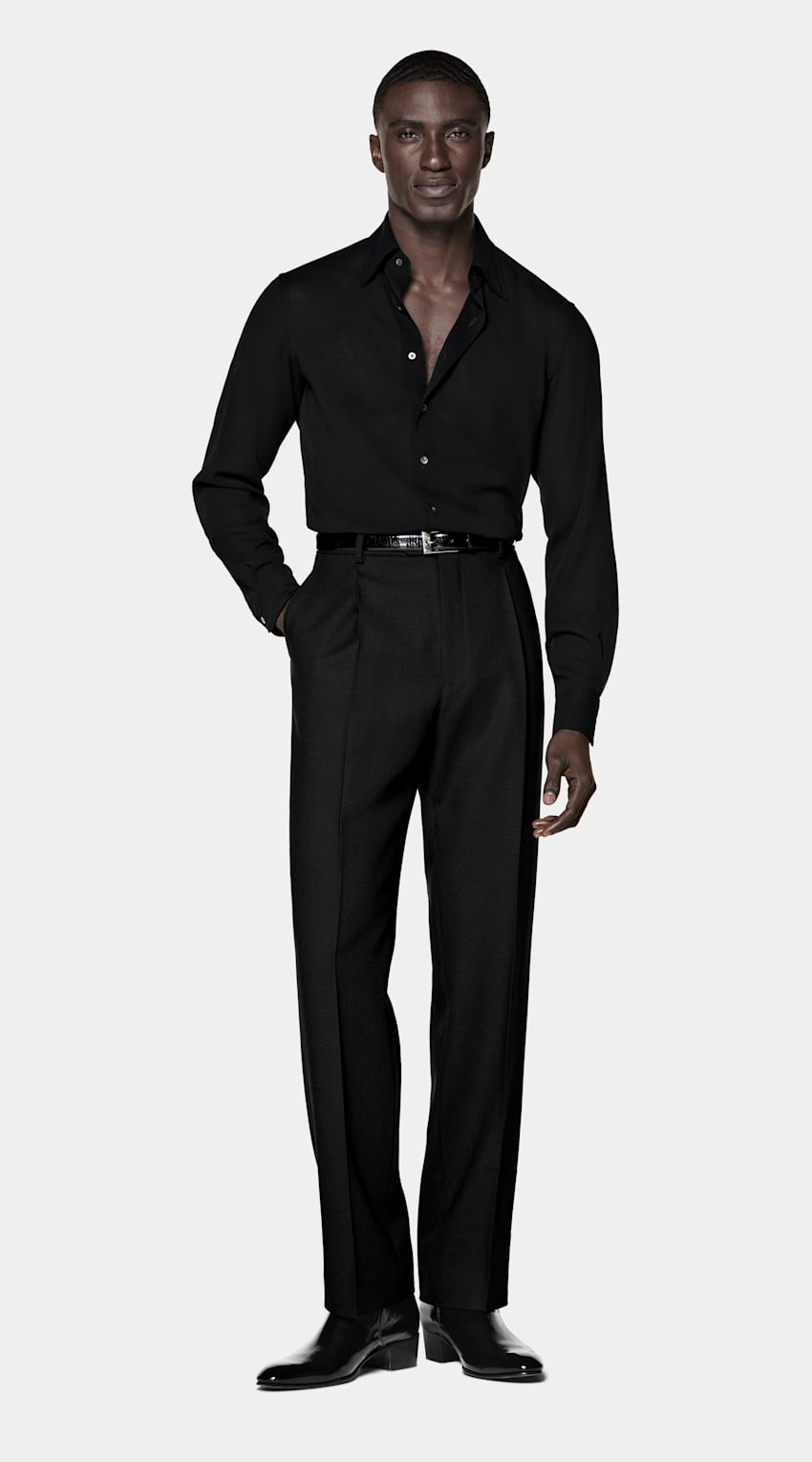 SUITSUPPLY Pure Wool Crepe by Botto Giuseppe, Italy Black Wool Shirt
